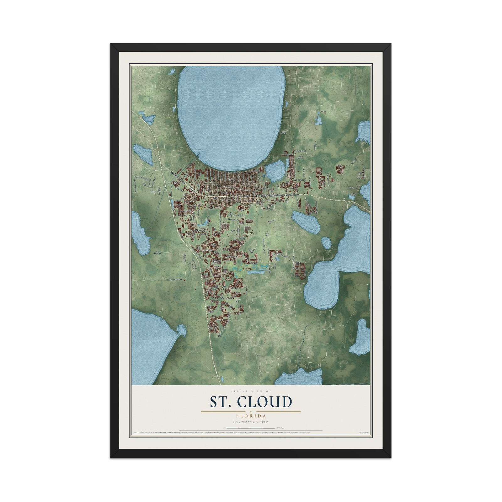 St. Cloud, Florida map print, 12" x 18" W/ Black Ayous Wood Frame mockup