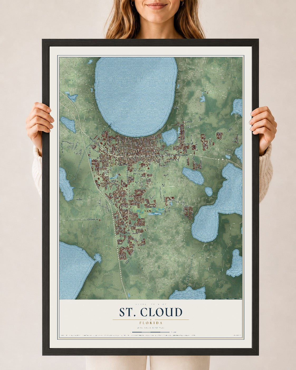 St. Cloud, Florida map print, 24" x 36" W/ Black Ayous Wood Frame mockup