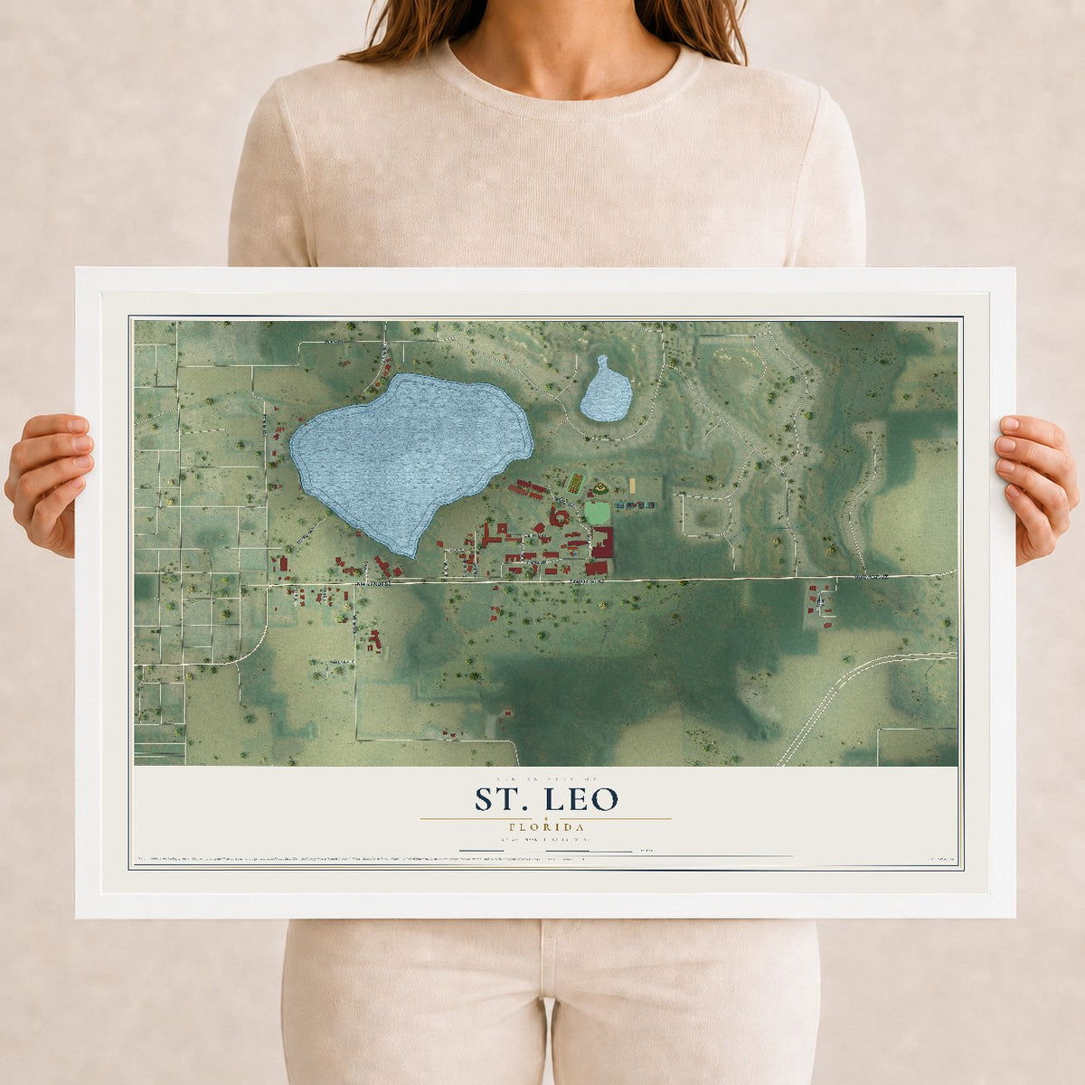St. Leo, Florida map print, 12" x 18" W/ White Ayous Wood Frame mockup