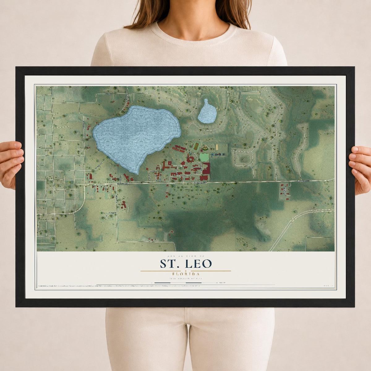 St. Leo, Florida map print, 18" x 24" W/ Black Ayous Wood Frame mockup
