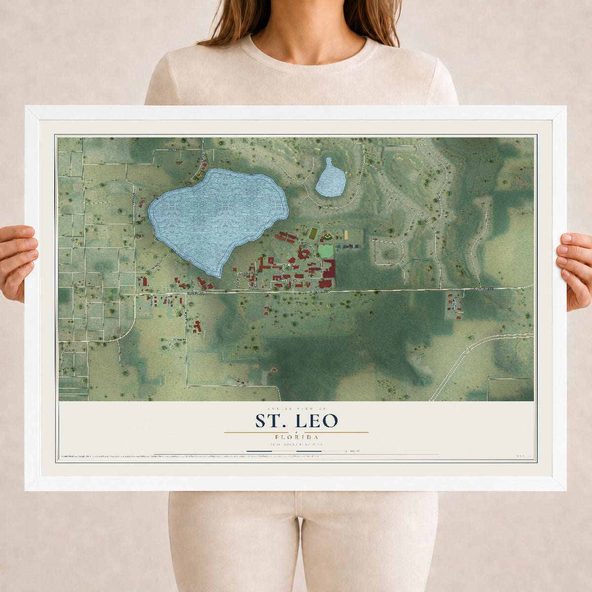 St. Leo, Florida map print, 18" x 24" W/ White Ayous Wood Frame mockup