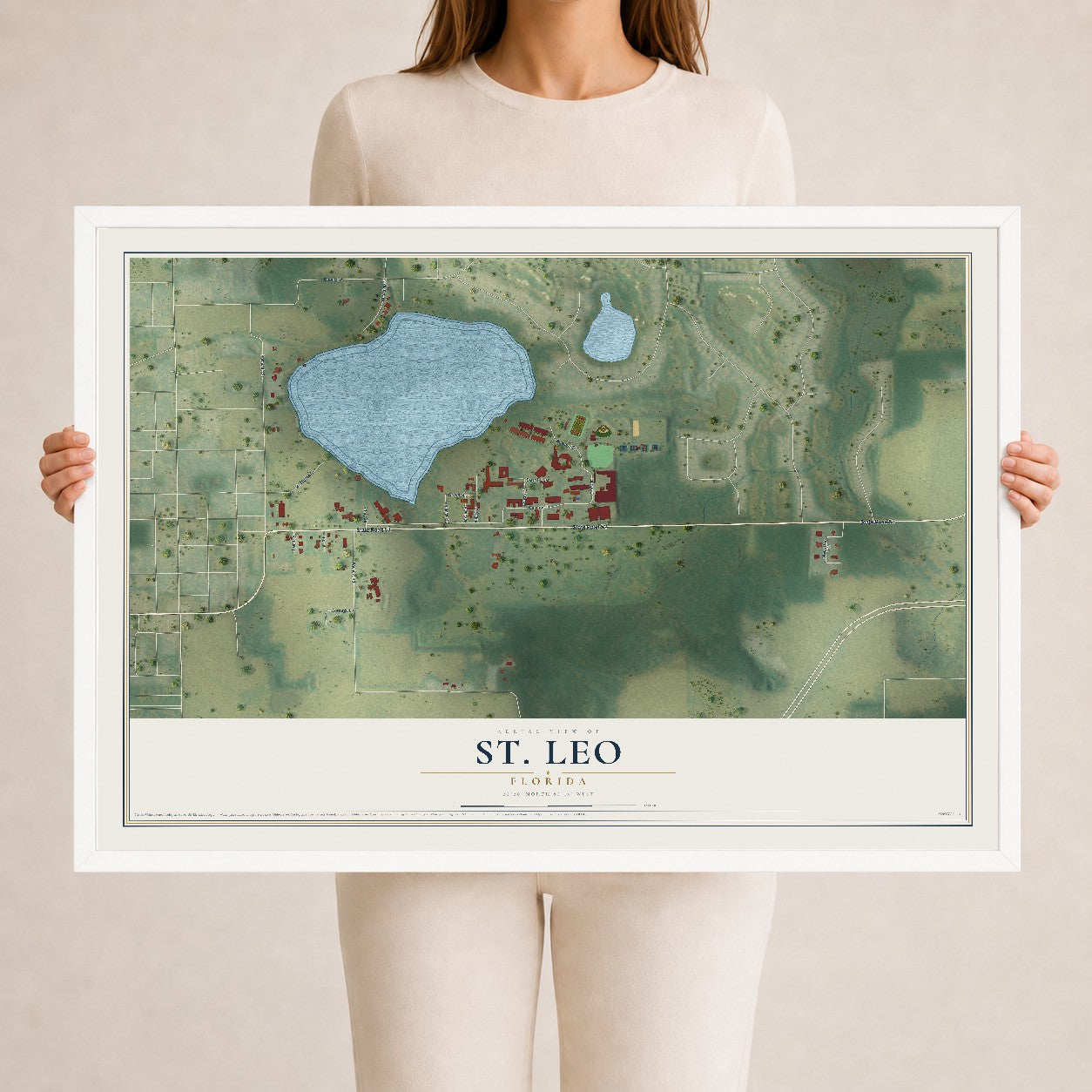 St. Leo, Florida map print, 24" x 36" W/ White Ayous Wood Frame mockup