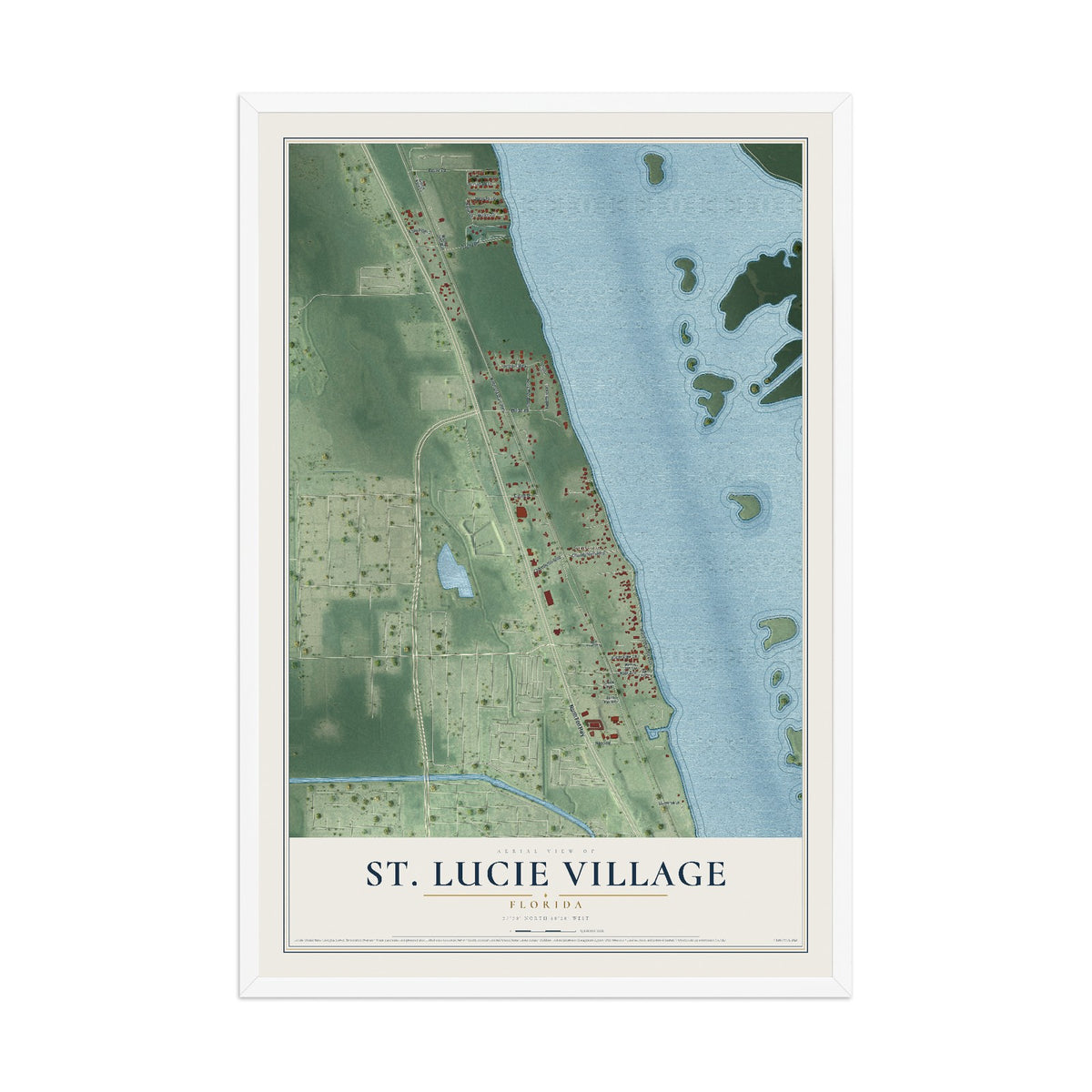 St. Lucie Village, Florida map print, 12" x 18" W/ White Ayous Wood Frame mockup