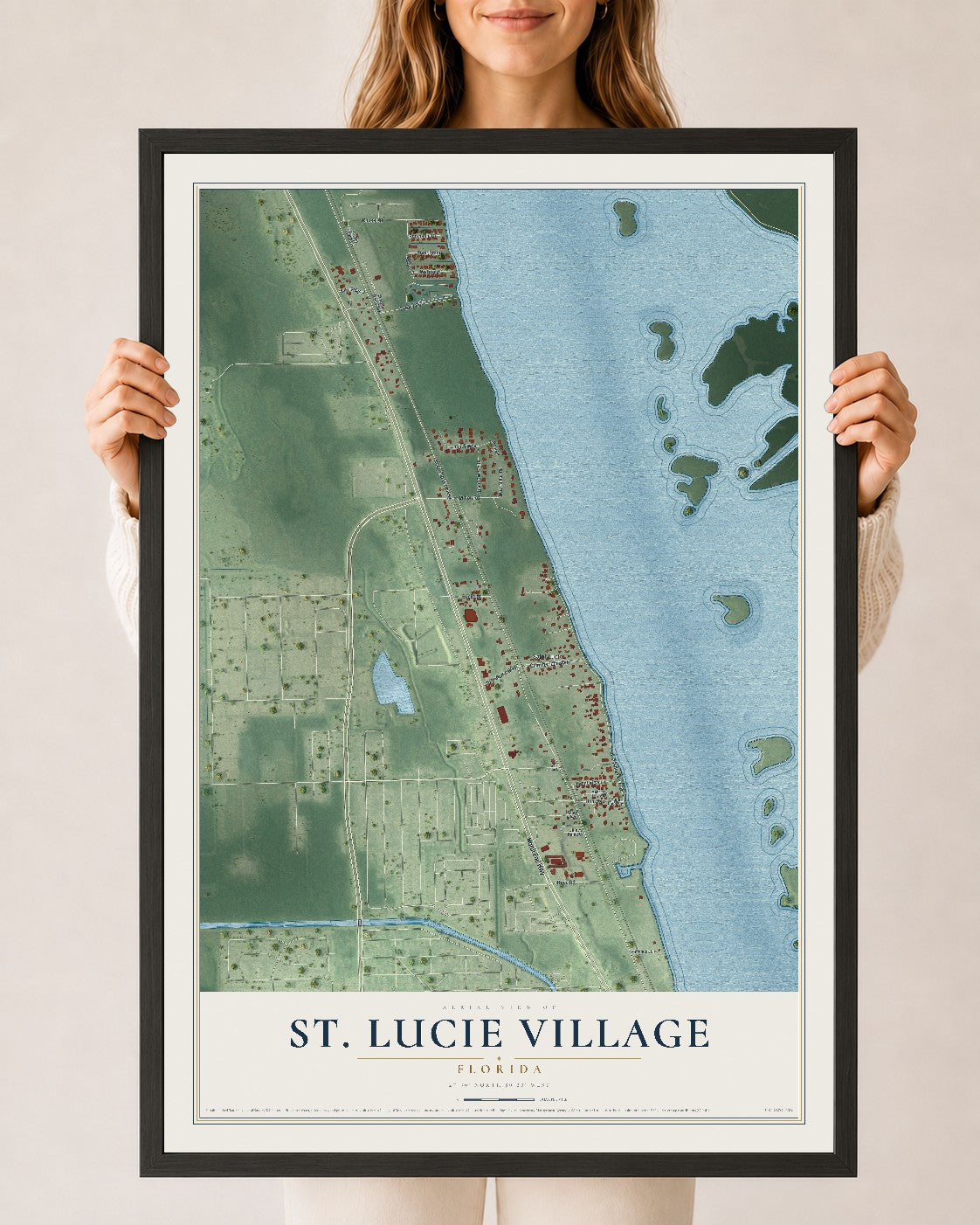 St. Lucie Village, Florida map print, 24" x 36" W/ Black Ayous Wood Frame mockup
