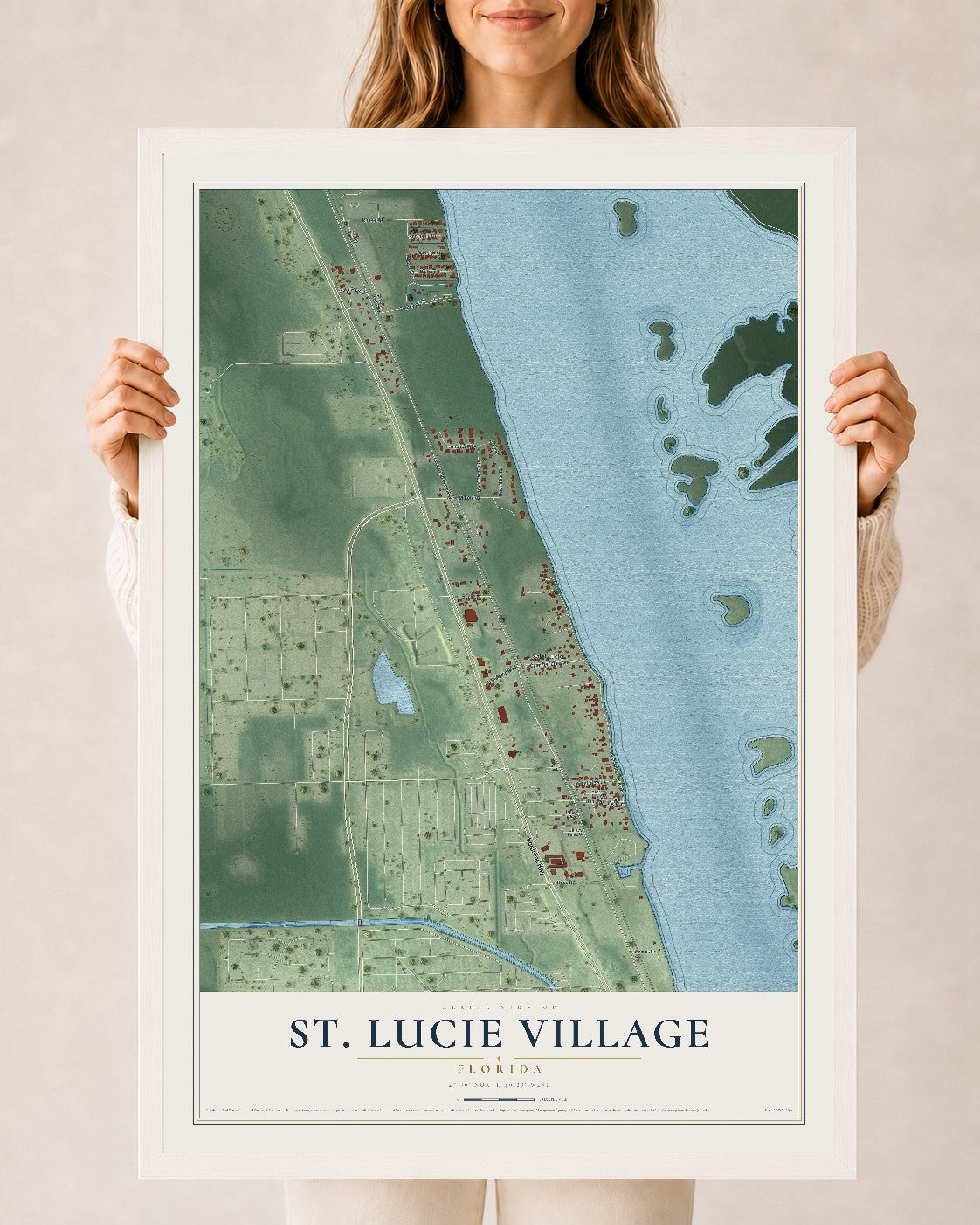 St. Lucie Village, Florida map print, 24" x 36" W/ White Ayous Wood Frame mockup
