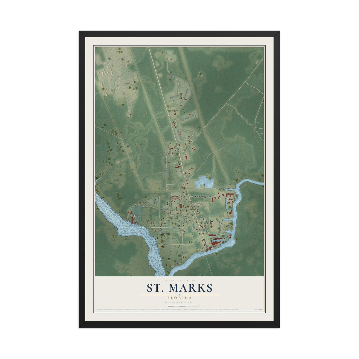 St. Marks, Florida map print, 12" x 18" W/ Black Ayous Wood Frame mockup