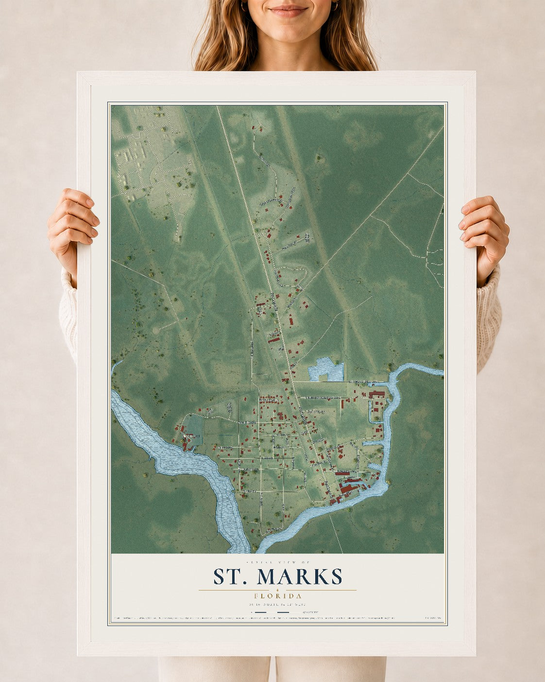 St. Marks, Florida map print, 24" x 36" W/ White Ayous Wood Frame mockup