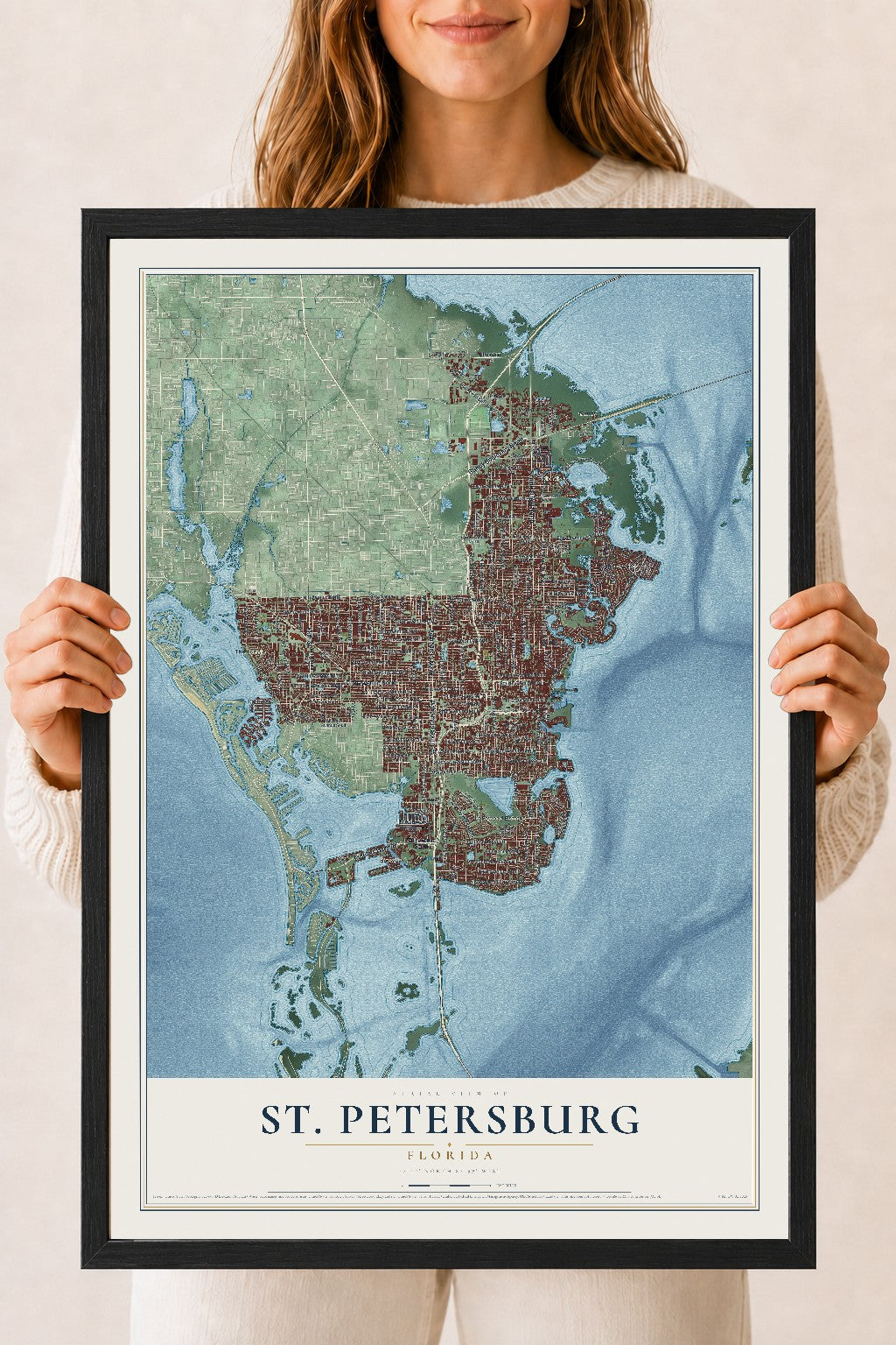 St. Petersburg, Florida map print, 18" x 24" W/ Black Ayous Wood Frame mockup