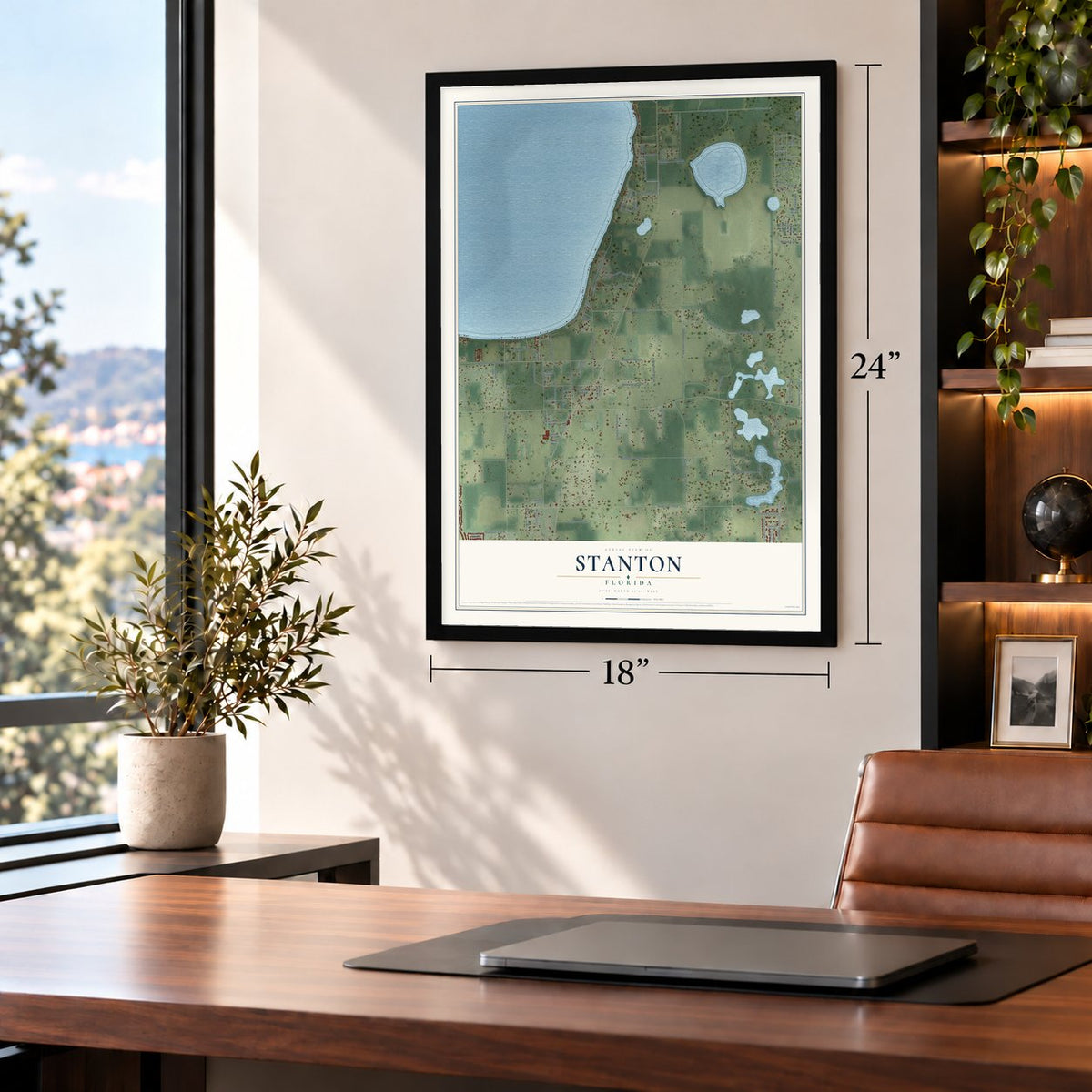Stanton, Florida map, 18 x 24 inch print in a black frame in a home office