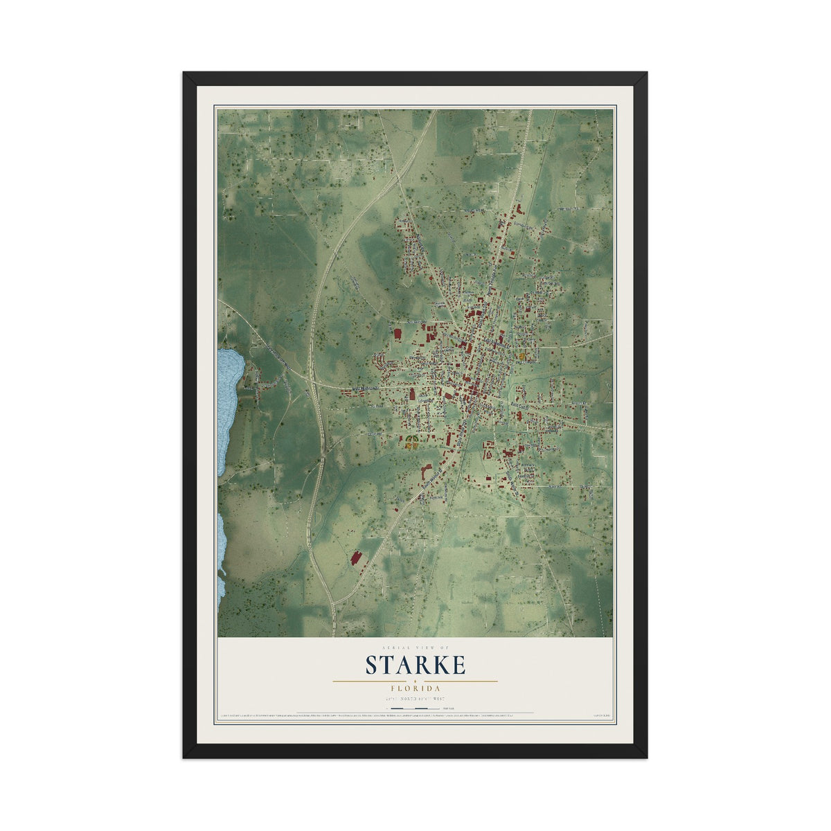 Starke, Florida map print, 12" x 18" W/ Black Ayous Wood Frame mockup