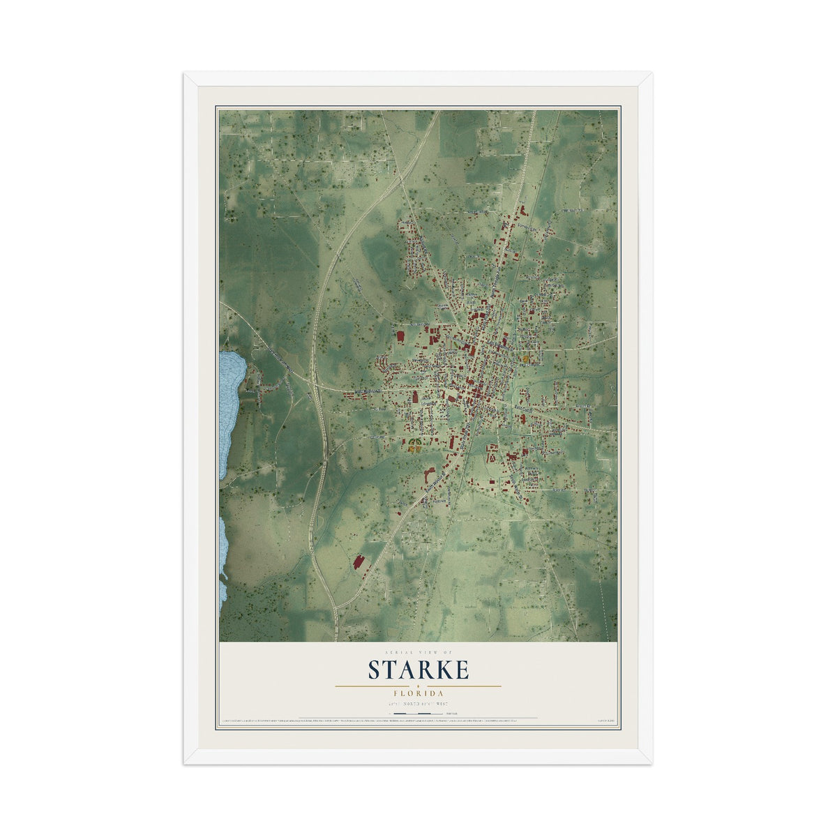Starke, Florida map print, 12" x 18" W/ White Ayous Wood Frame mockup