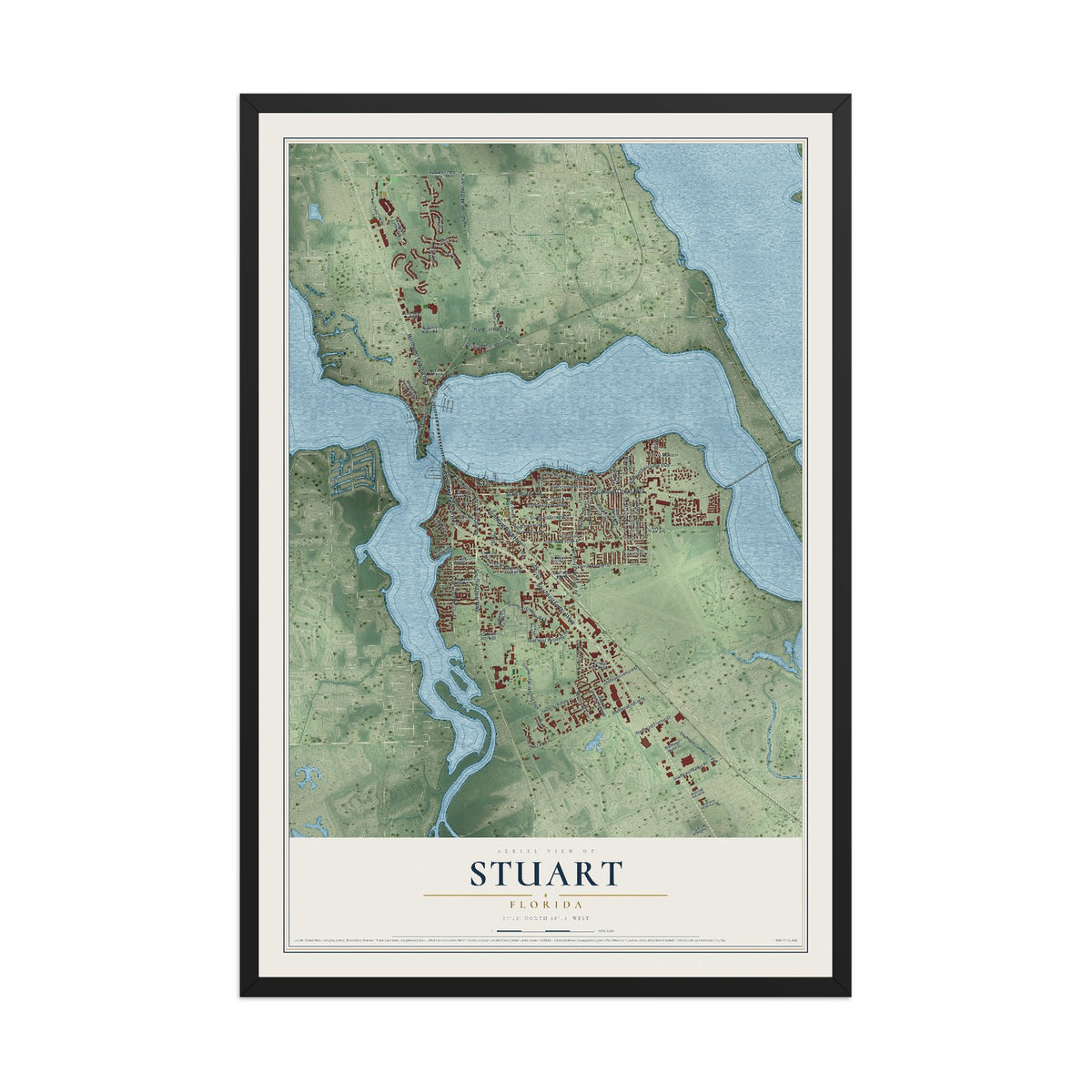 Stuart, Florida map print, 12" x 18" W/ Black Ayous Wood Frame mockup