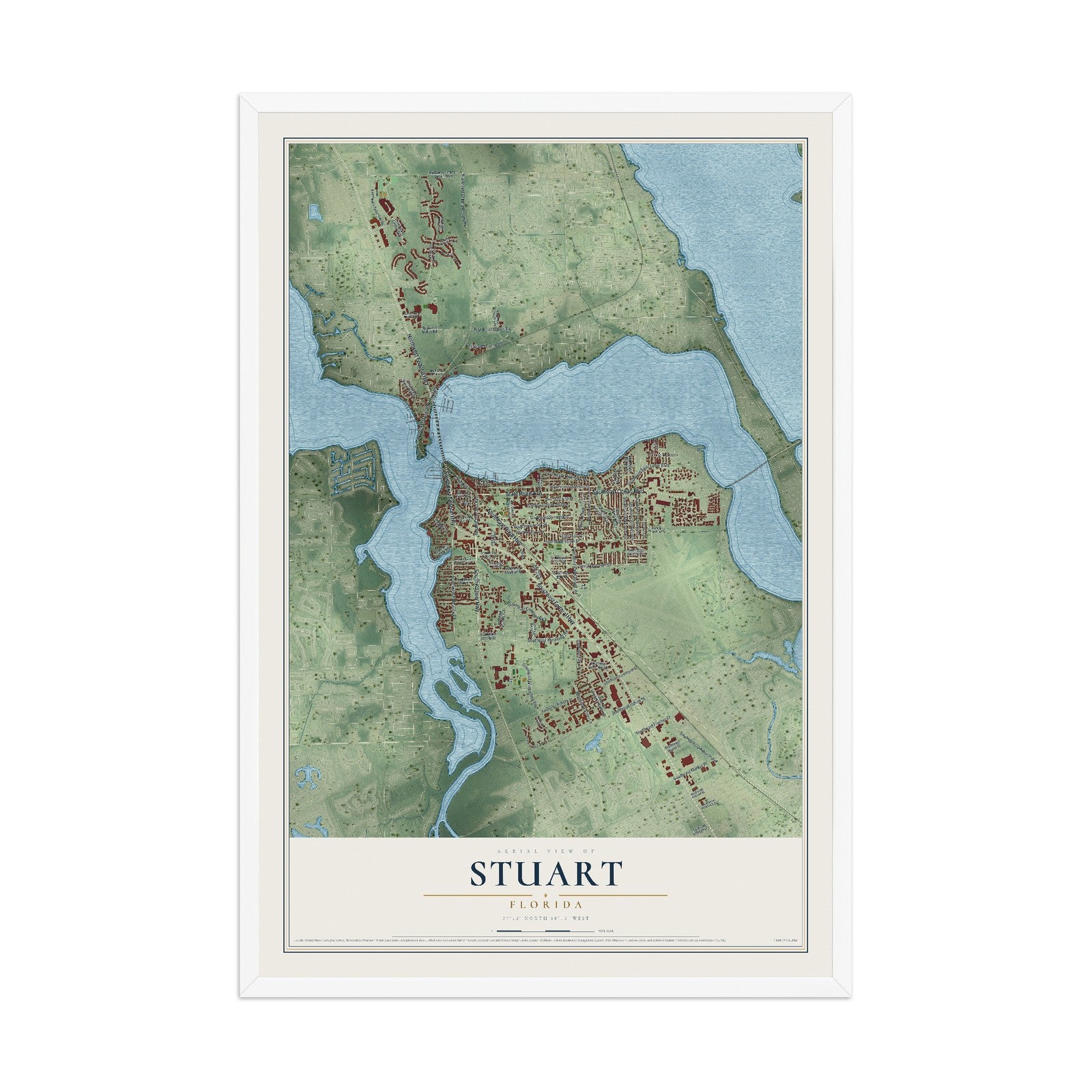 Stuart, Florida map print, 12" x 18" W/ White Ayous Wood Frame mockup