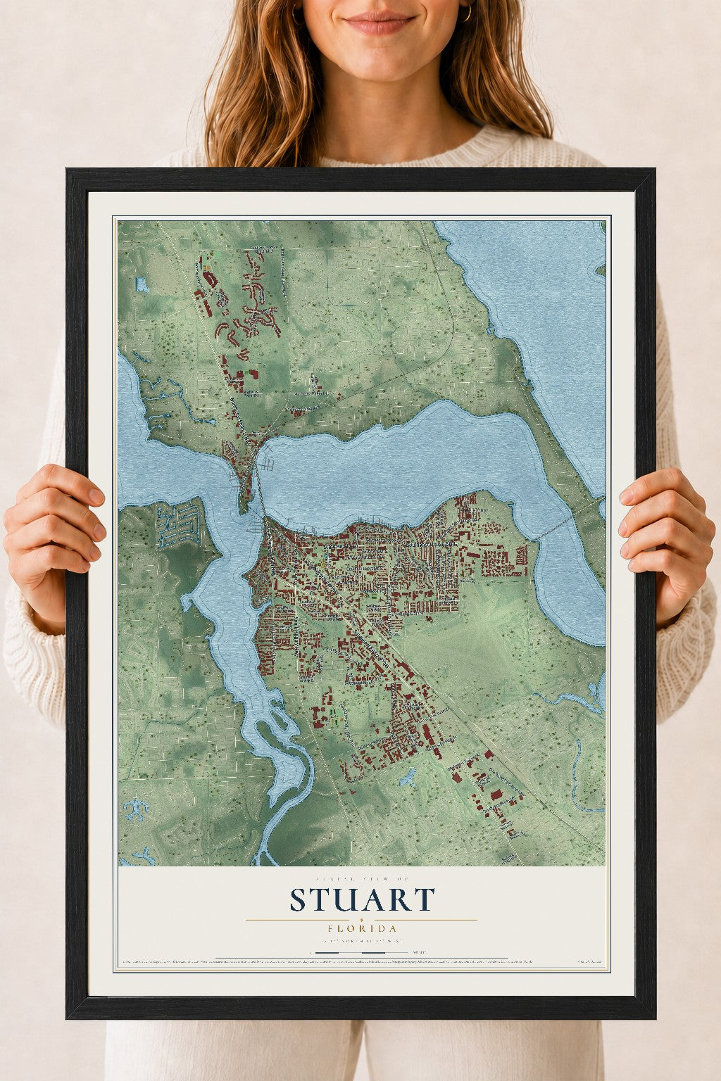Stuart, Florida map print, 18" x 24" W/ Black Ayous Wood Frame mockup