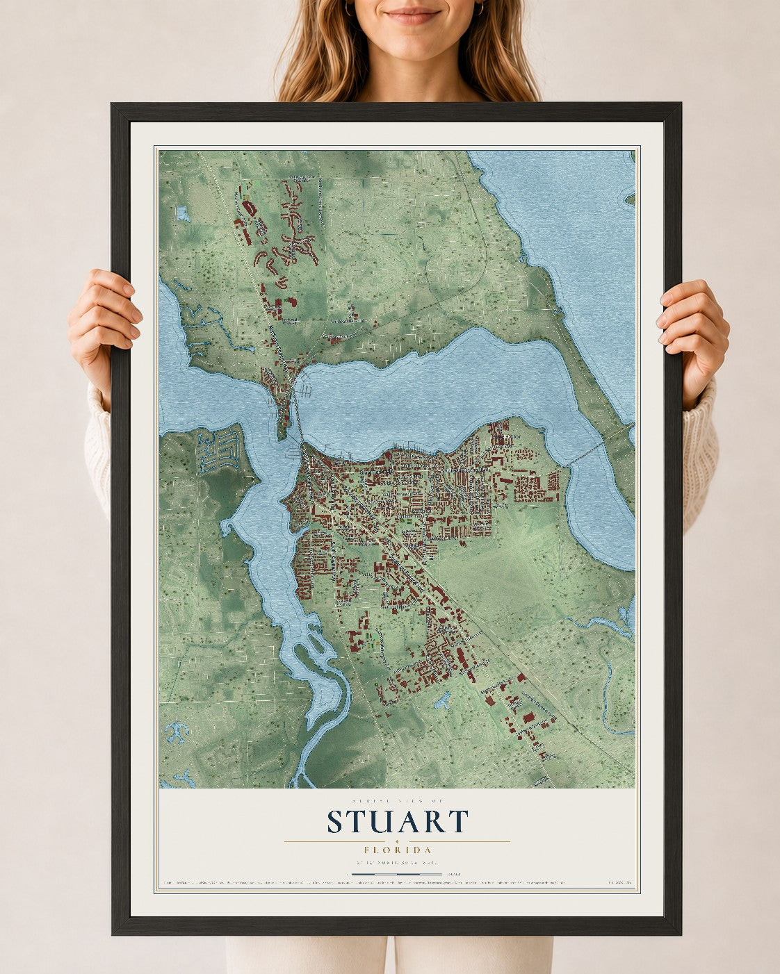Stuart, Florida map print, 24" x 36" W/ Black Ayous Wood Frame mockup