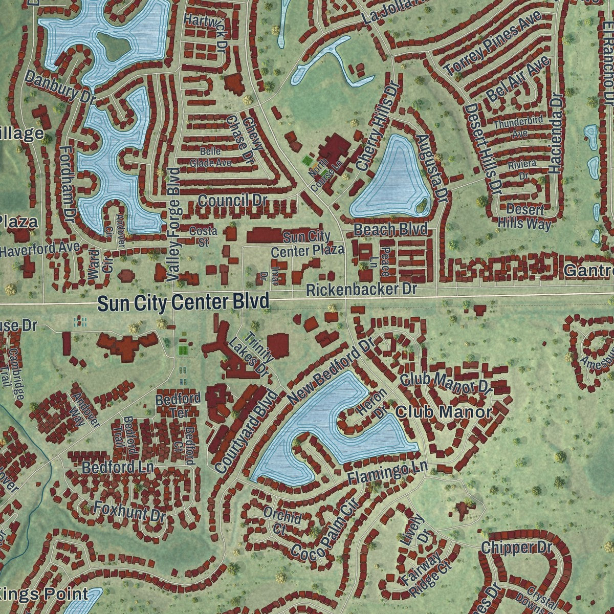 Close-up of the map of Sun City Center, Florida print showing street and building detail