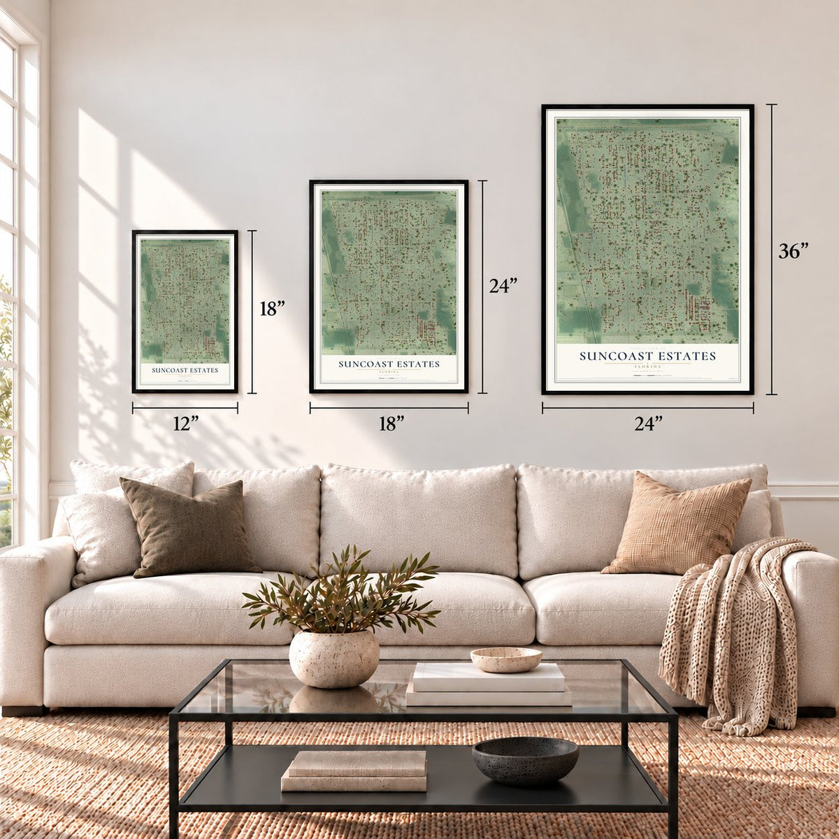 Suncoast Estates, Florida map in 12 x 18, 18 x 24 and 24 x 36 inch sizes above a sofa