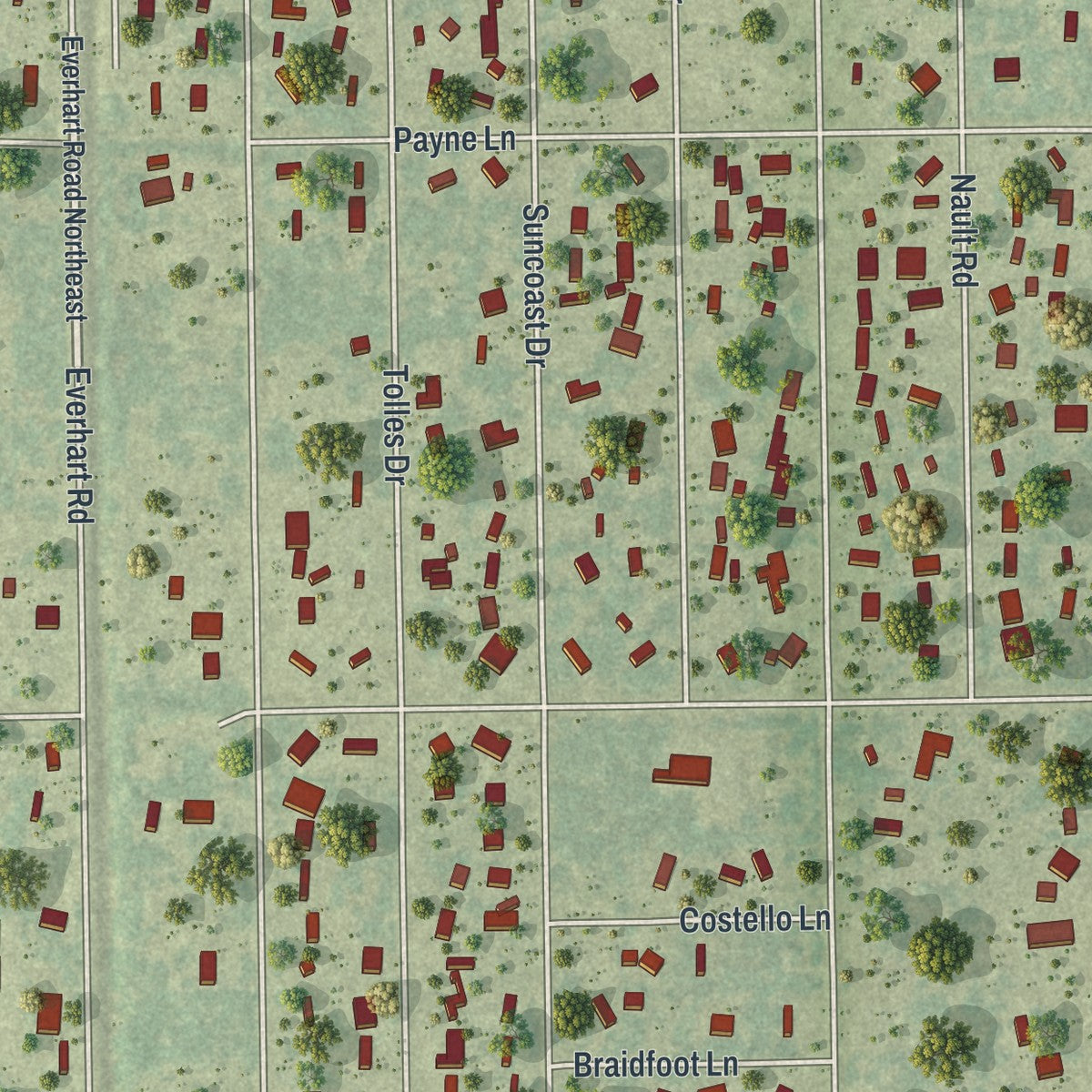 Close-up of the map of Suncoast Estates, Florida print showing street and building detail