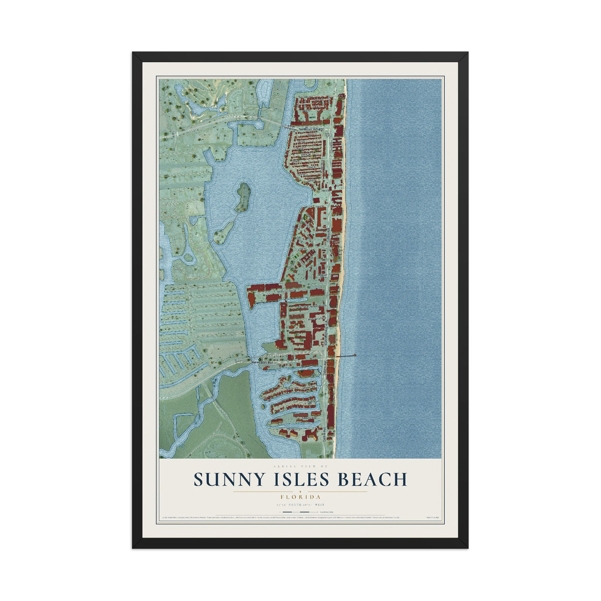 Sunny Isles Beach, Florida map print, 12" x 18" W/ Black Ayous Wood Frame mockup