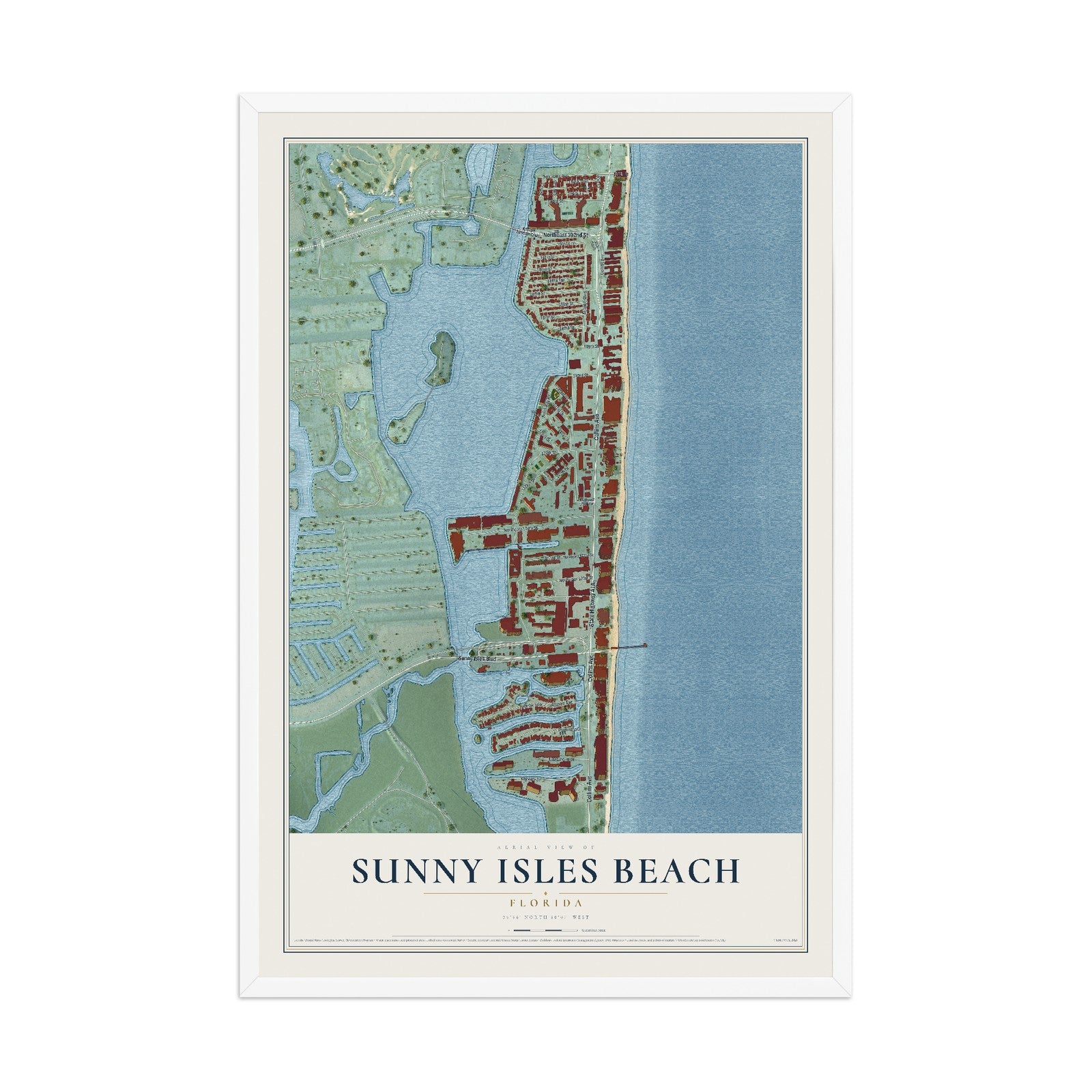 Sunny Isles Beach, Florida map print, 12" x 18" W/ White Ayous Wood Frame mockup
