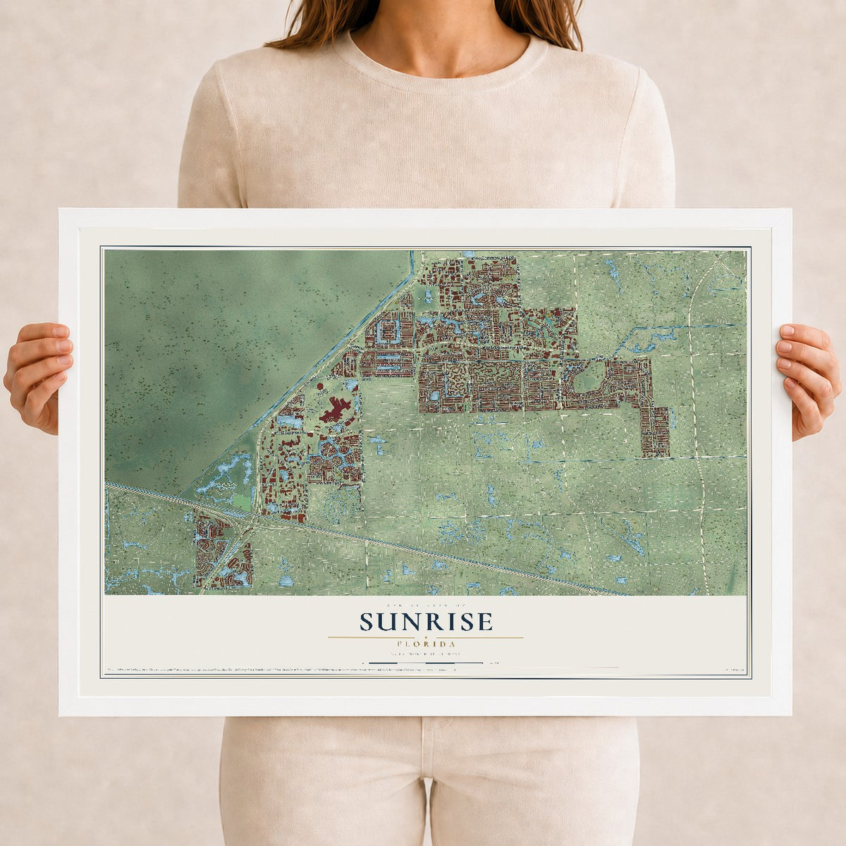 Sunrise, Florida map print, 12" x 18" W/ White Ayous Wood Frame mockup