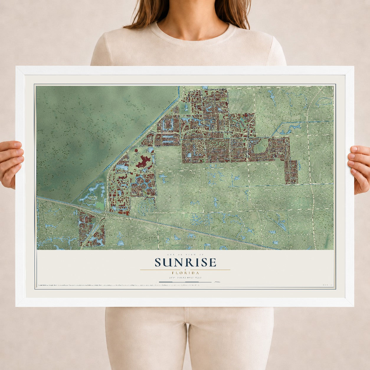 Sunrise, Florida map print, 18" x 24" W/ White Ayous Wood Frame mockup