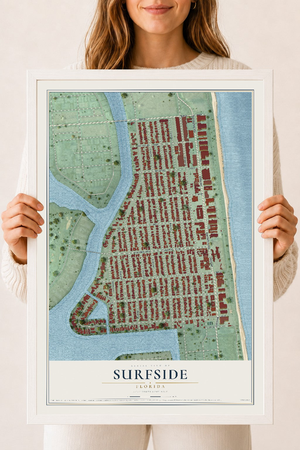 Surfside, Florida map print, 18" x 24" W/ White Ayous Wood Frame mockup