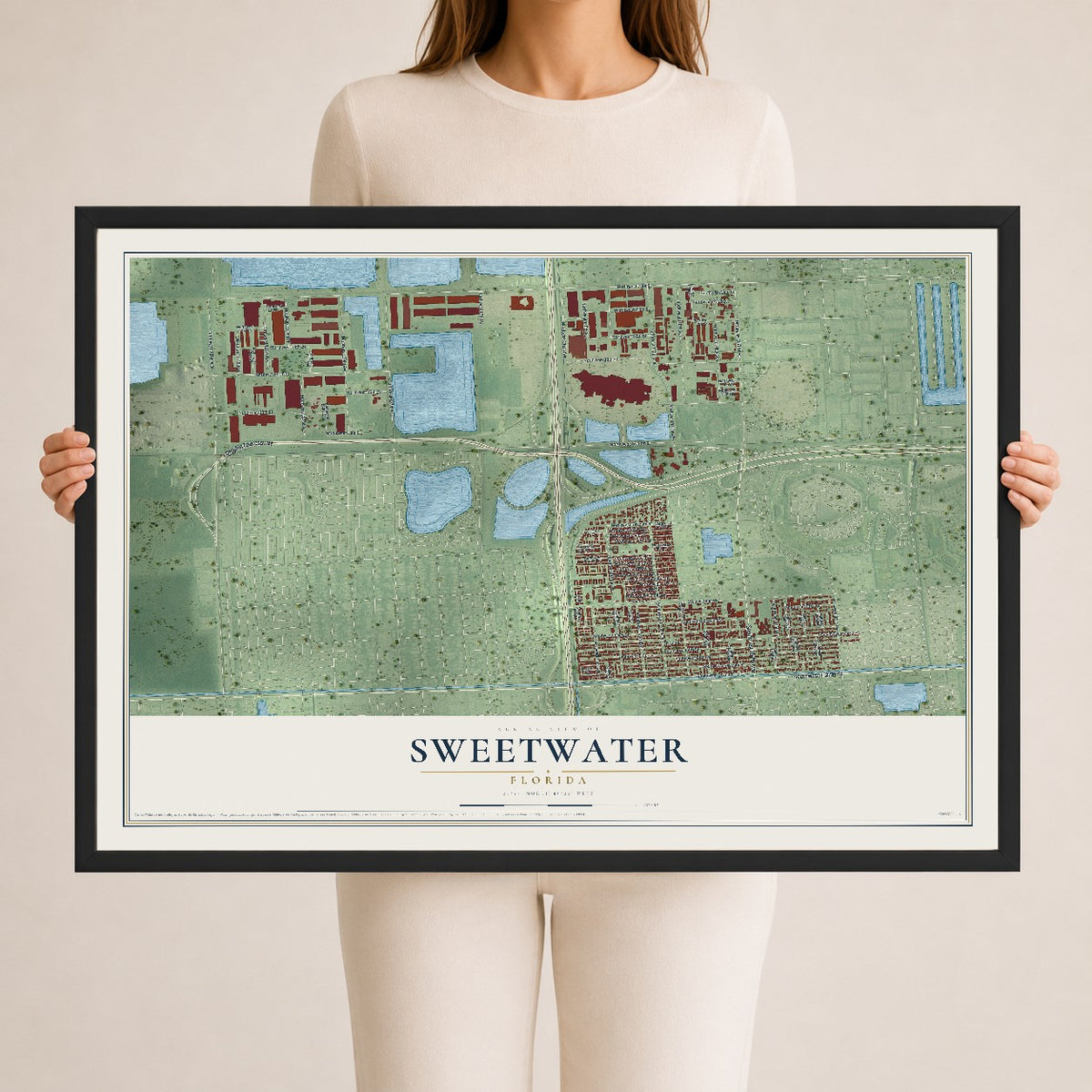 Sweetwater, Florida map print, 24" x 36" W/ Black Ayous Wood Frame mockup
