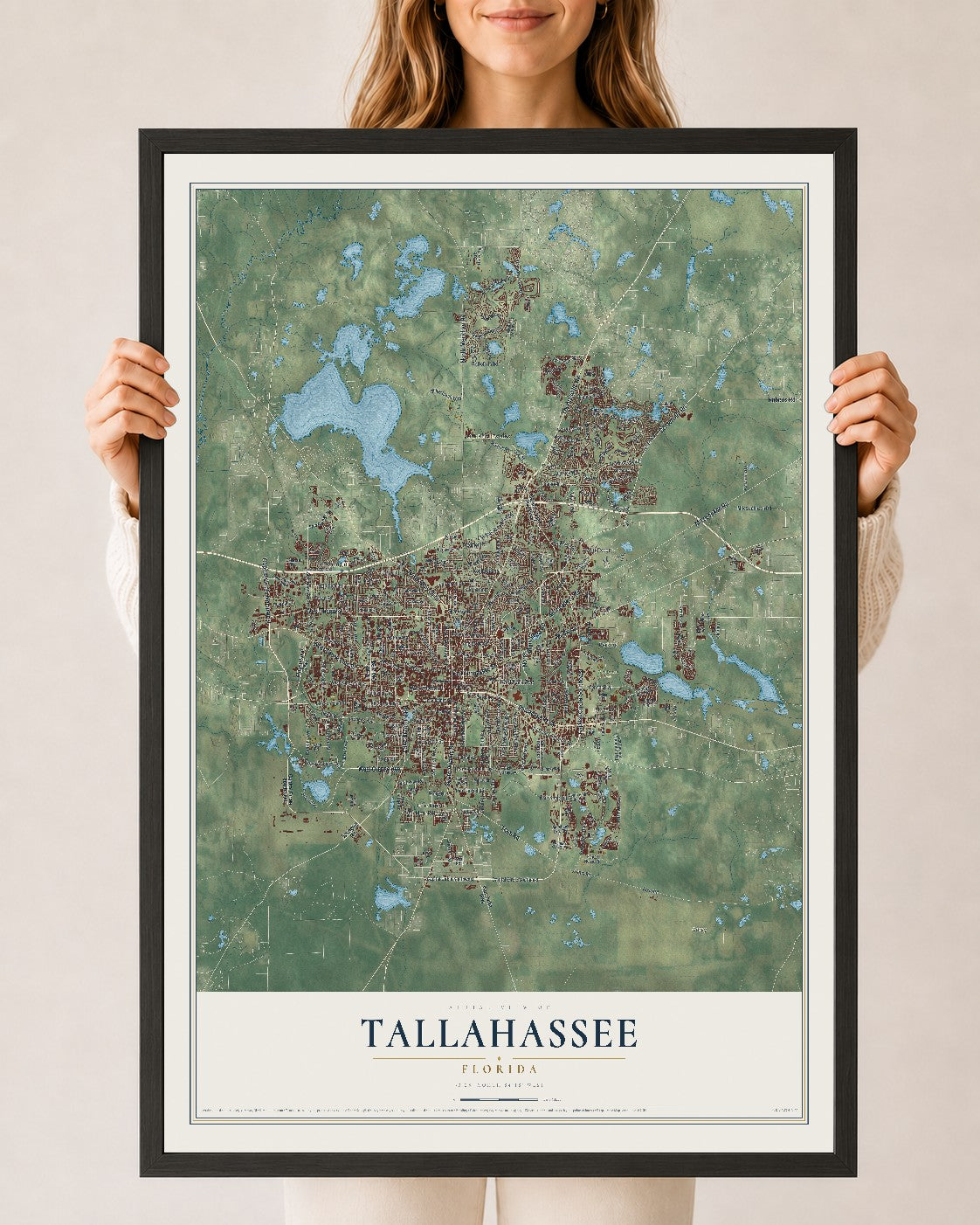 Tallahassee, Florida map print, 24" x 36" W/ Black Ayous Wood Frame mockup