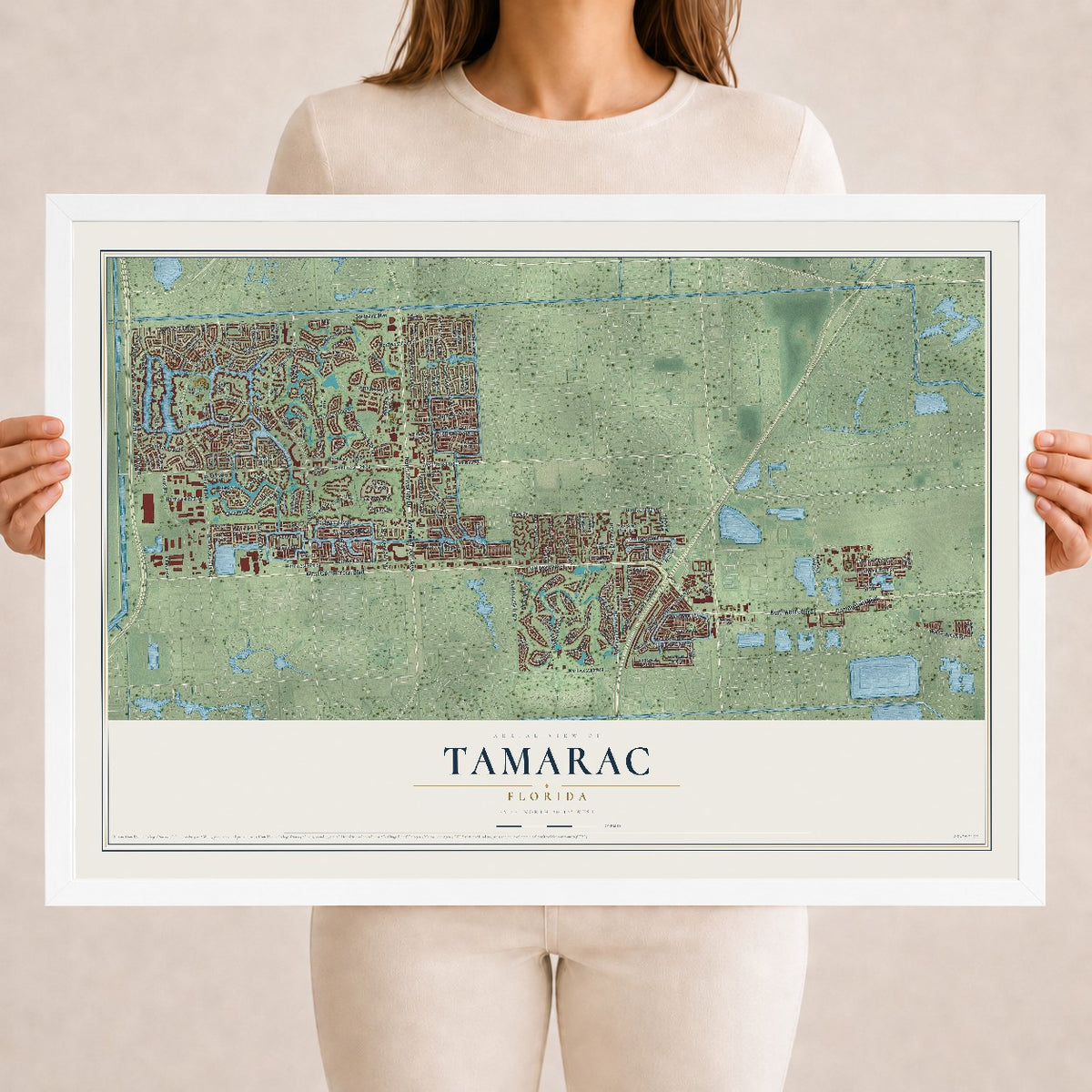 Tamarac, Florida map print, 18" x 24" W/ White Ayous Wood Frame mockup