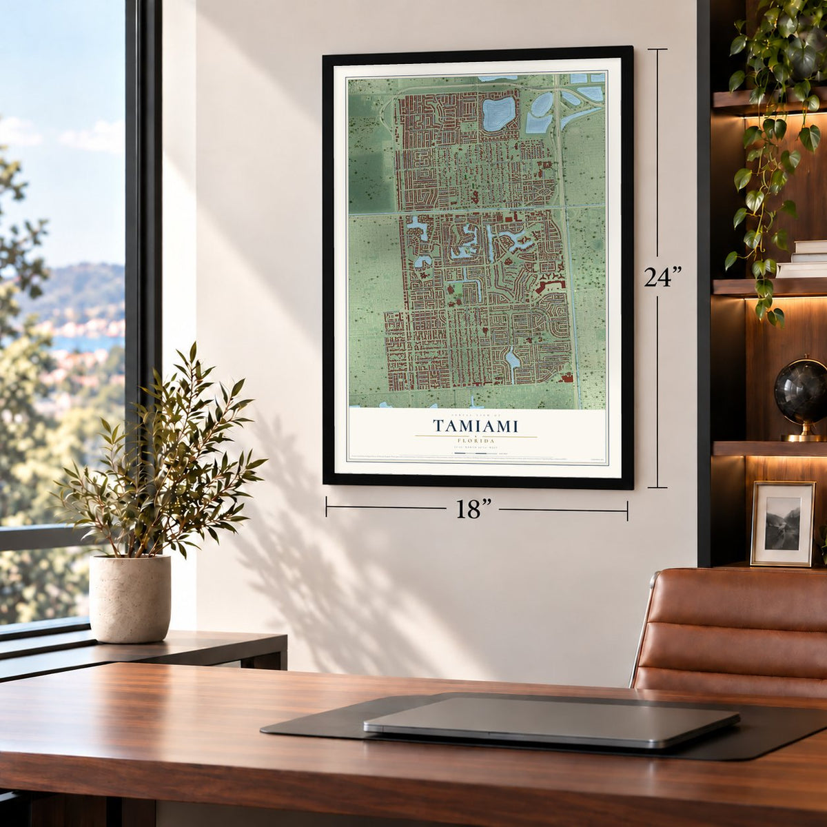 Tamiami, Florida map, 18 x 24 inch print in a black frame in a home office