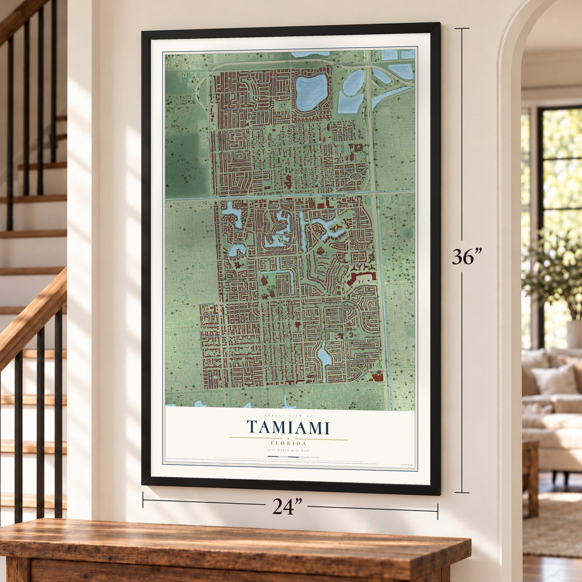 Tamiami, Florida map, 24 x 36 inch print in a black frame by a staircase
