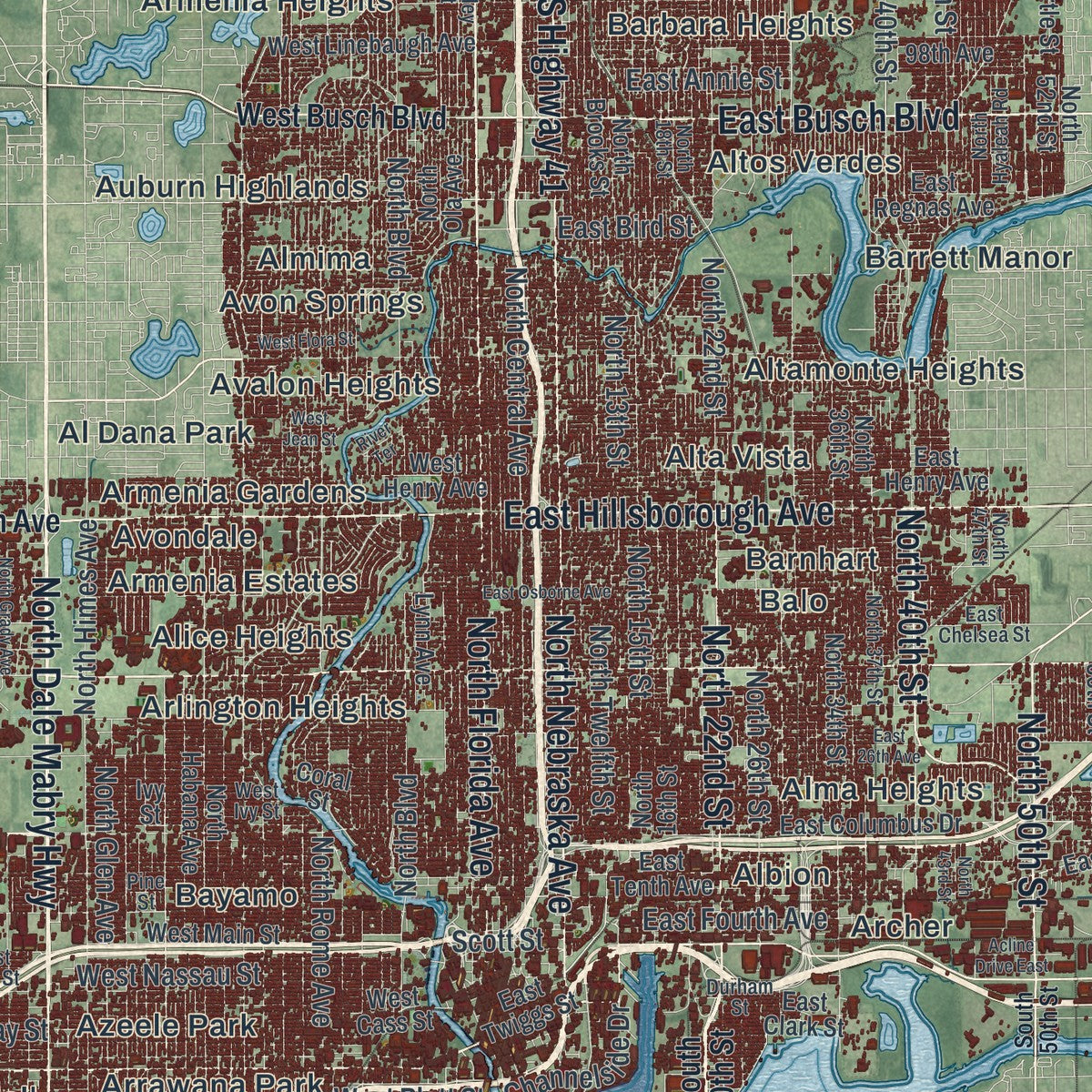 Close-up 1 of the Tampa, Florida map artwork