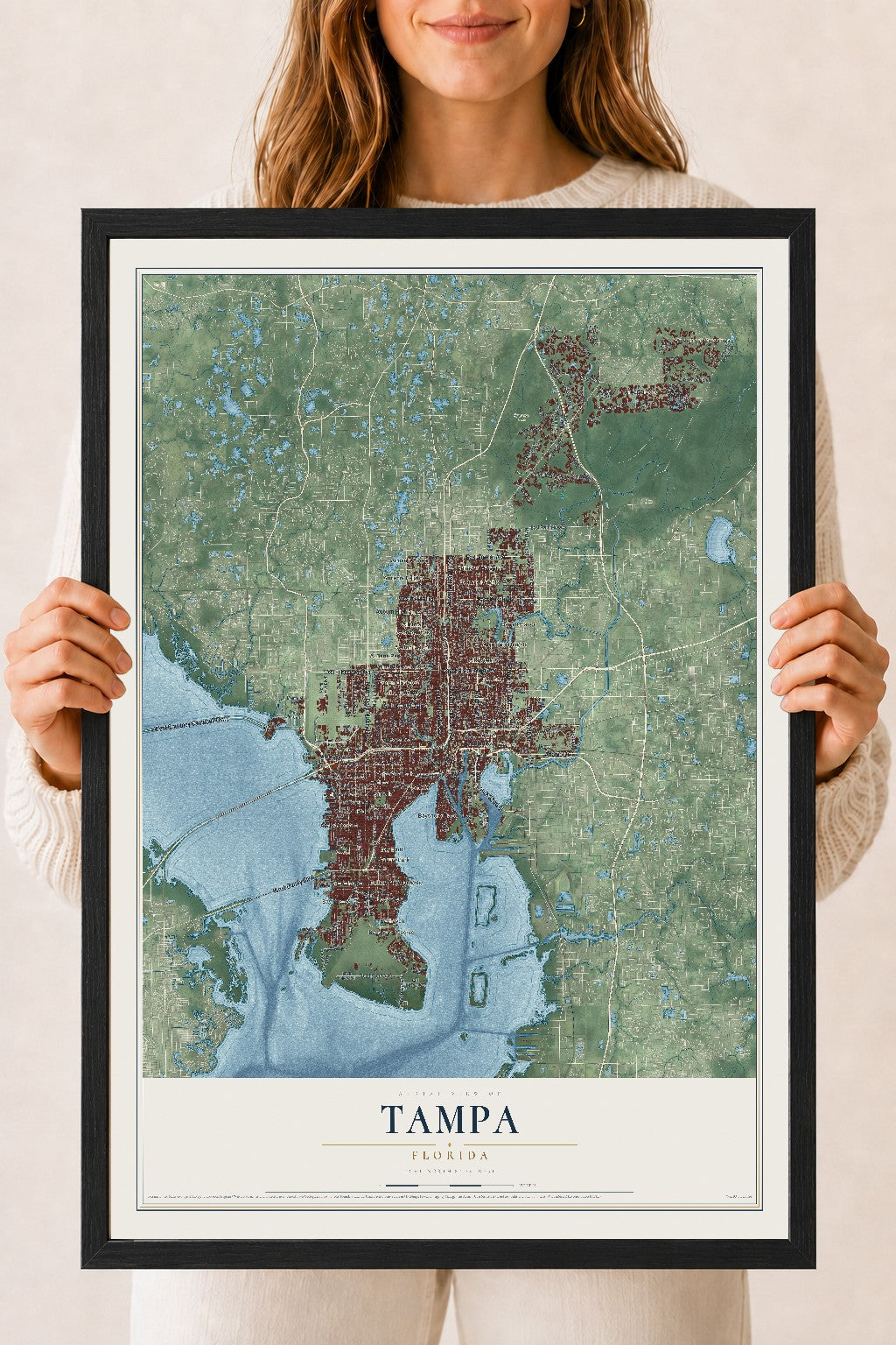 Tampa, Florida map print, 18" x 24" W/ Black Ayous Wood Frame mockup