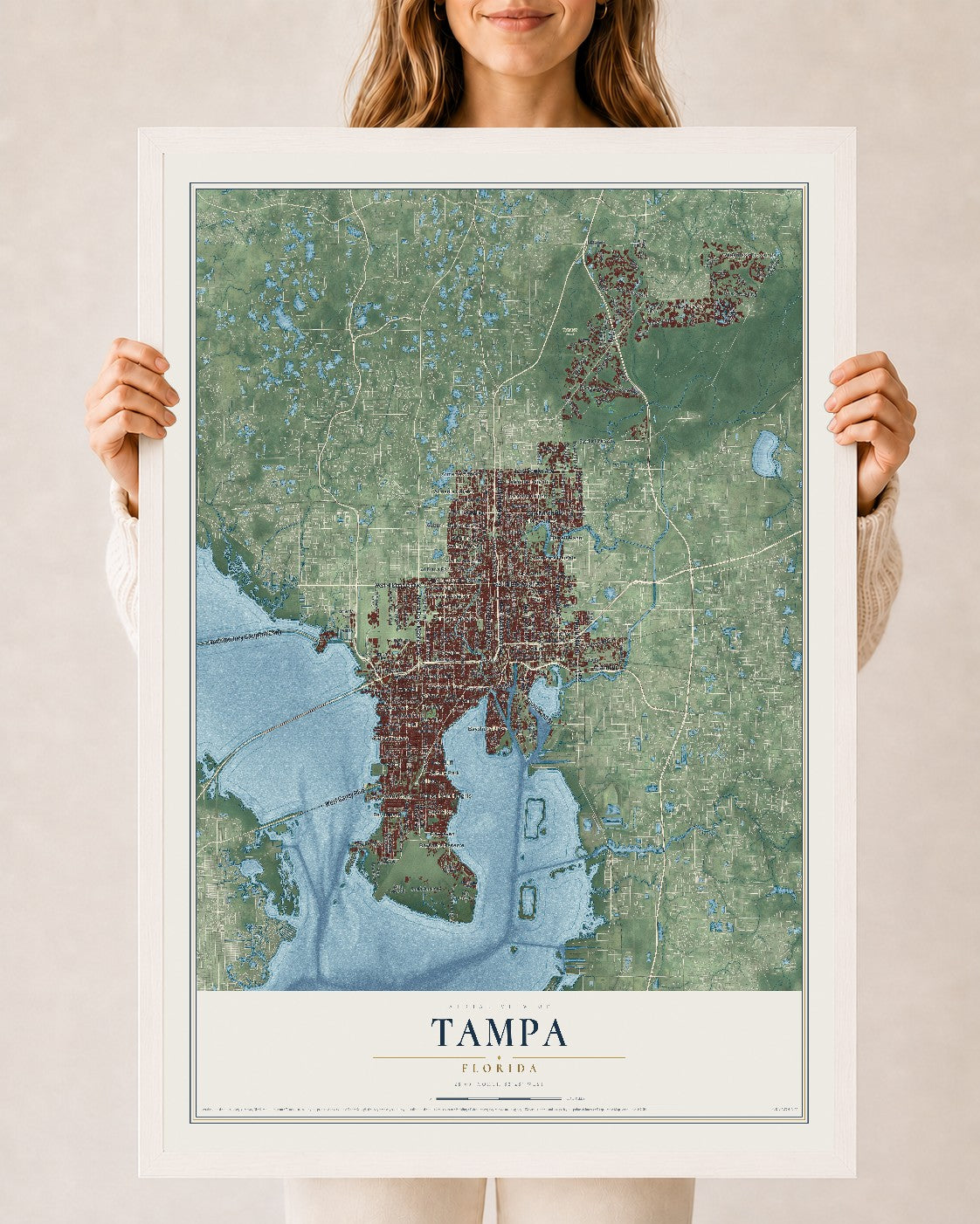 Tampa, Florida map print, 24" x 36" W/ White Ayous Wood Frame mockup