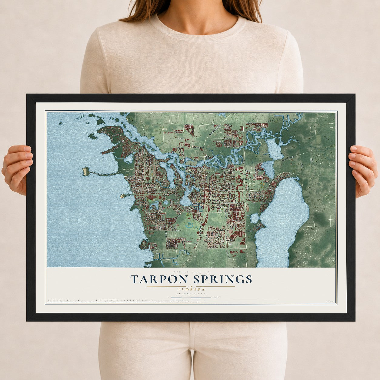 Tarpon Springs, Florida map print, 12" x 18" W/ Black Ayous Wood Frame mockup