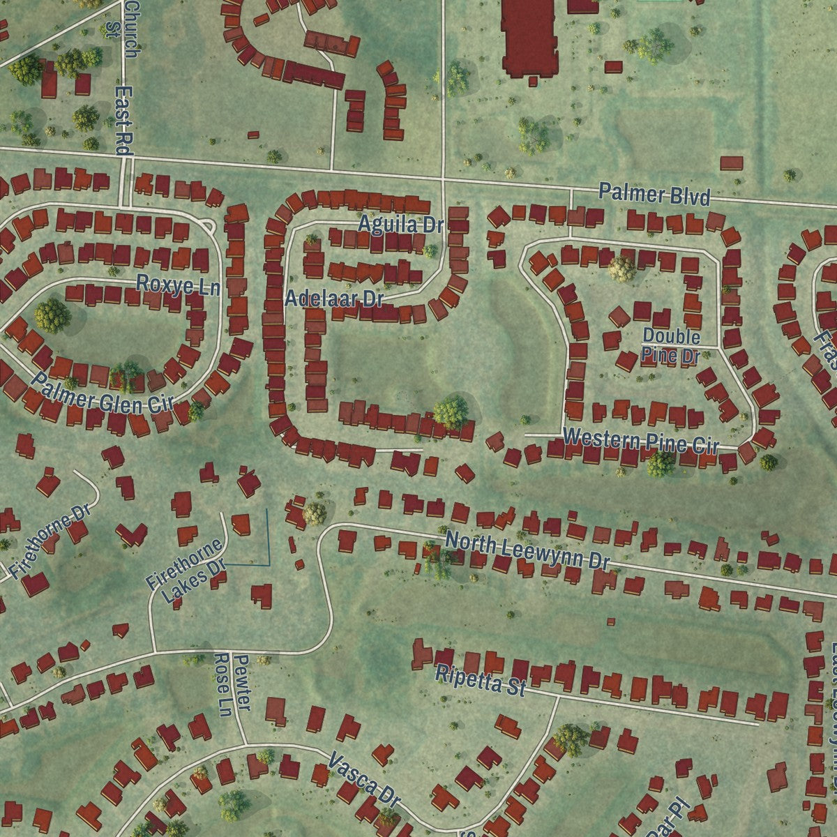 Close-up of the map of Tatum Ridge, Florida print showing street and building detail