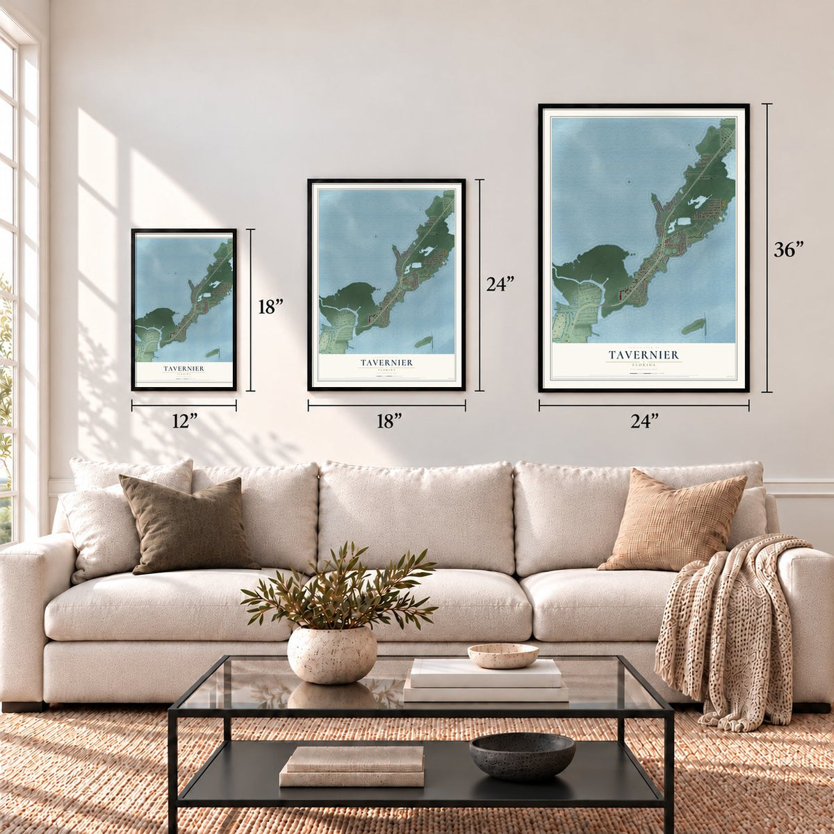Tavernier, Florida map in 12 x 18, 18 x 24 and 24 x 36 inch sizes above a sofa