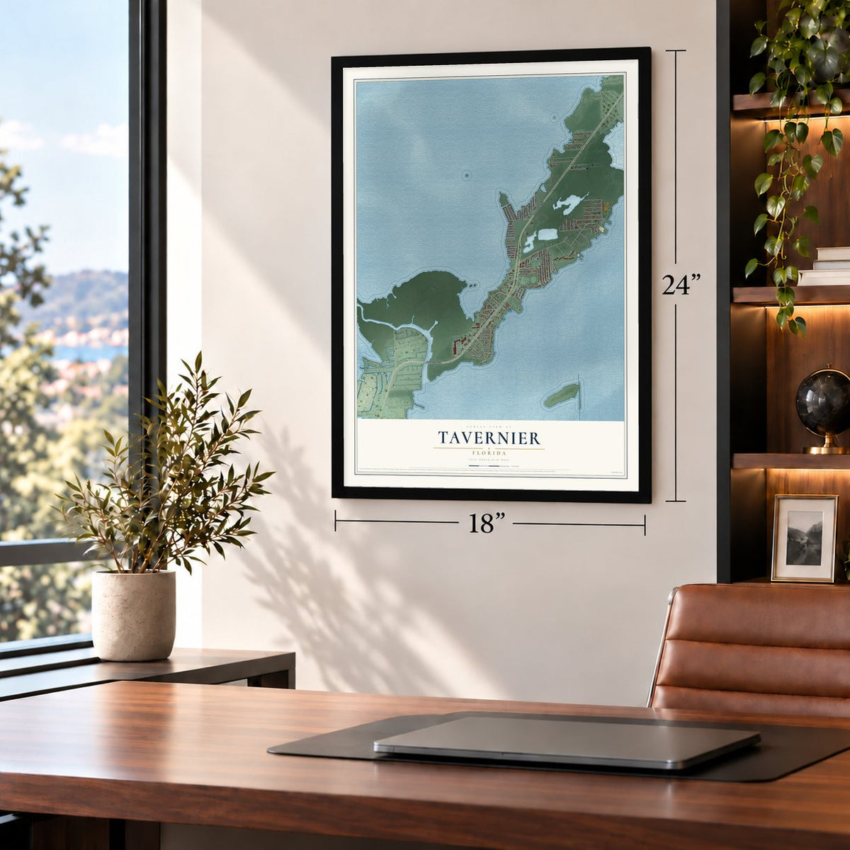 Tavernier, Florida map, 18 x 24 inch print in a black frame in a home office