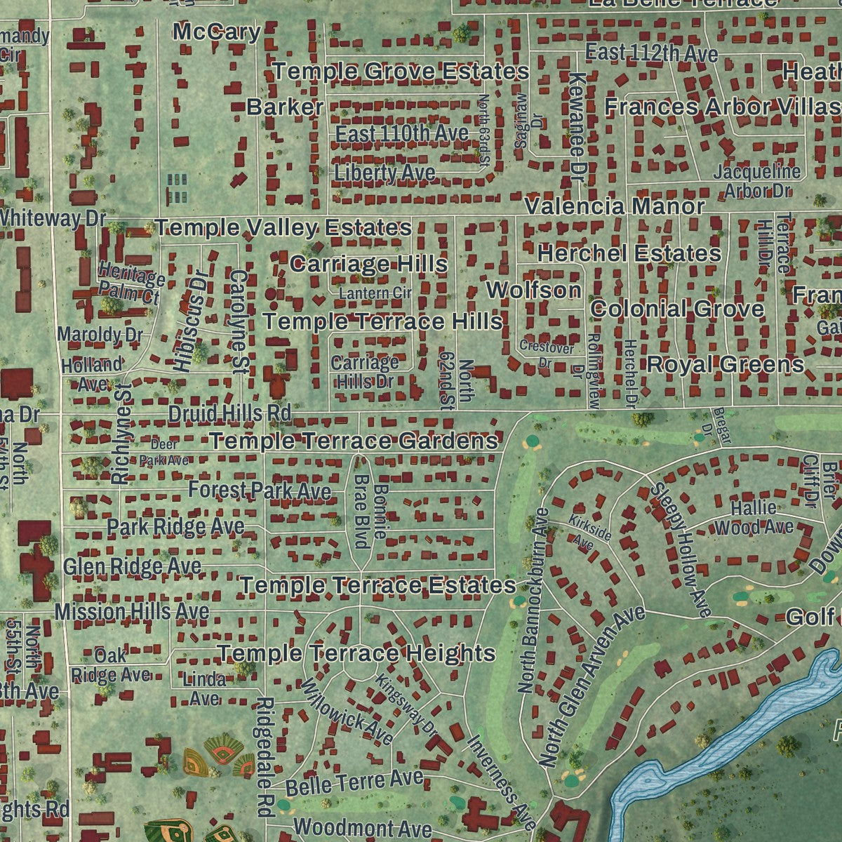 Close-up 1 of the Temple Terrace, Florida map artwork