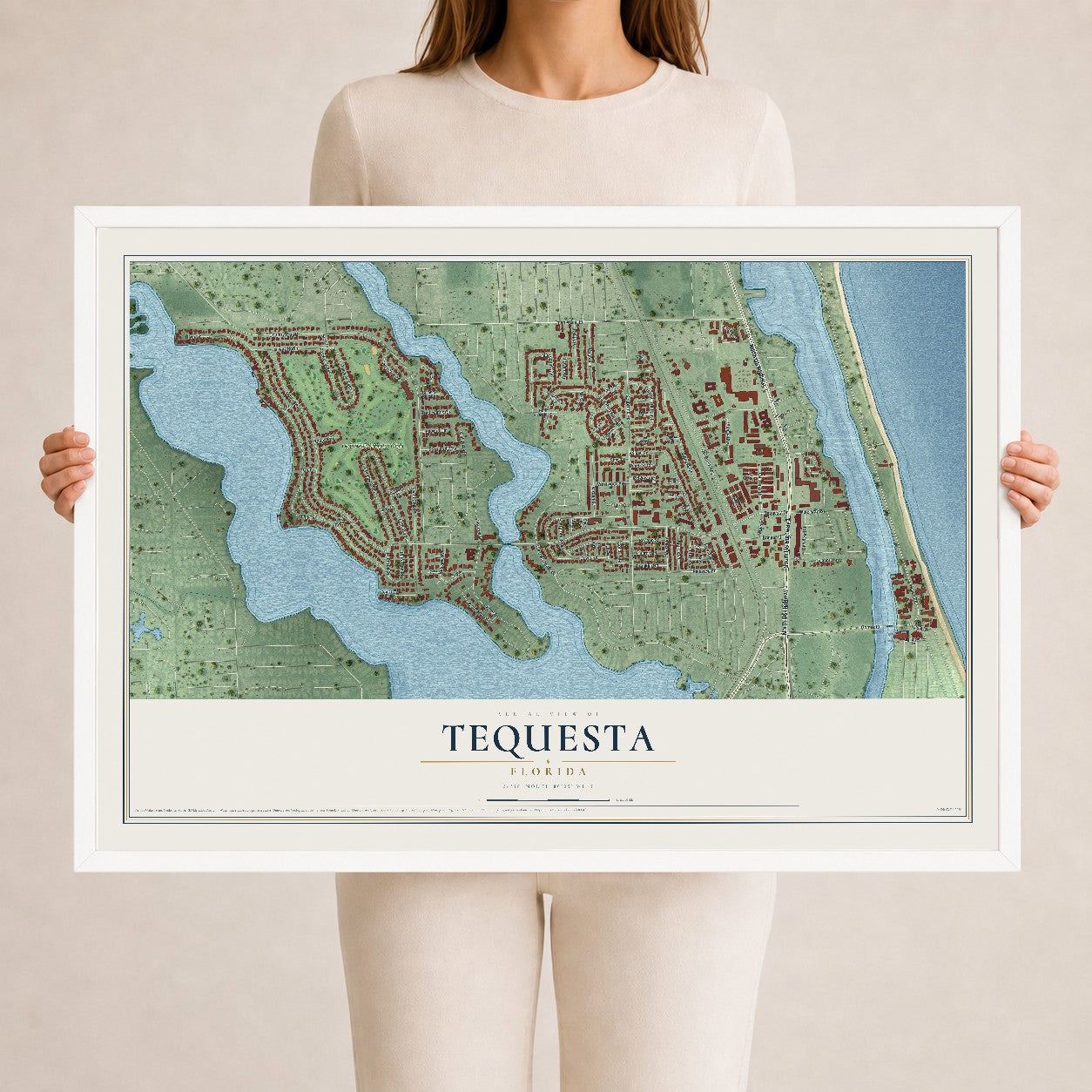 Tequesta, Florida map print, 24" x 36" W/ White Ayous Wood Frame mockup