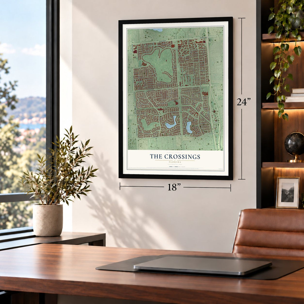 The Crossings, Florida map, 18 x 24 inch print in a black frame in a home office