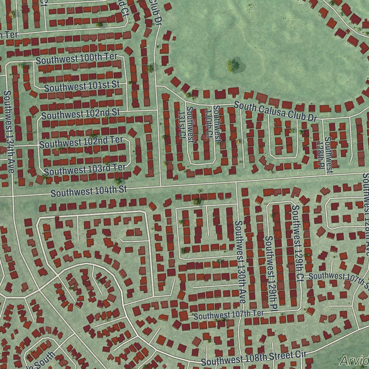 Close-up of the map of The Crossings, Florida print showing street and building detail