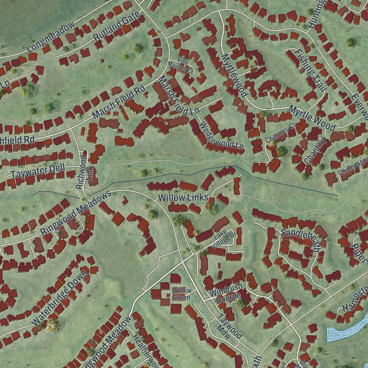Close-up of the map of The Meadows, Florida print showing street and building detail