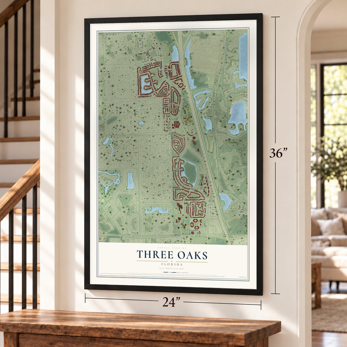 Three Oaks, Florida map, 24 x 36 inch print in a black frame by a staircase