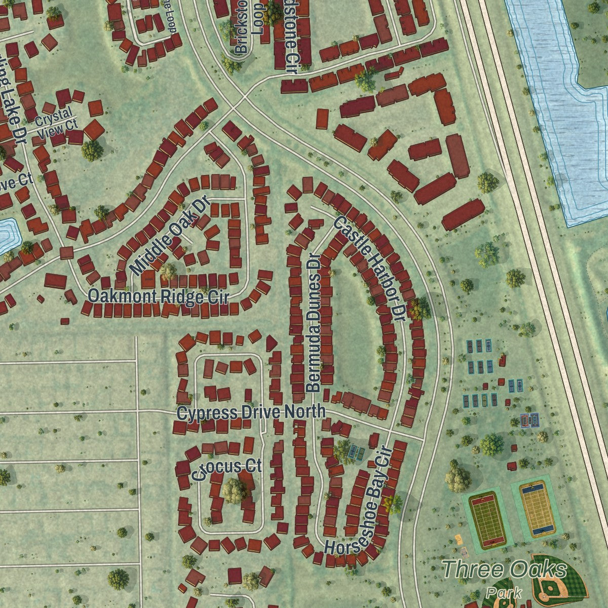 Close-up of the map of Three Oaks, Florida print showing street and building detail