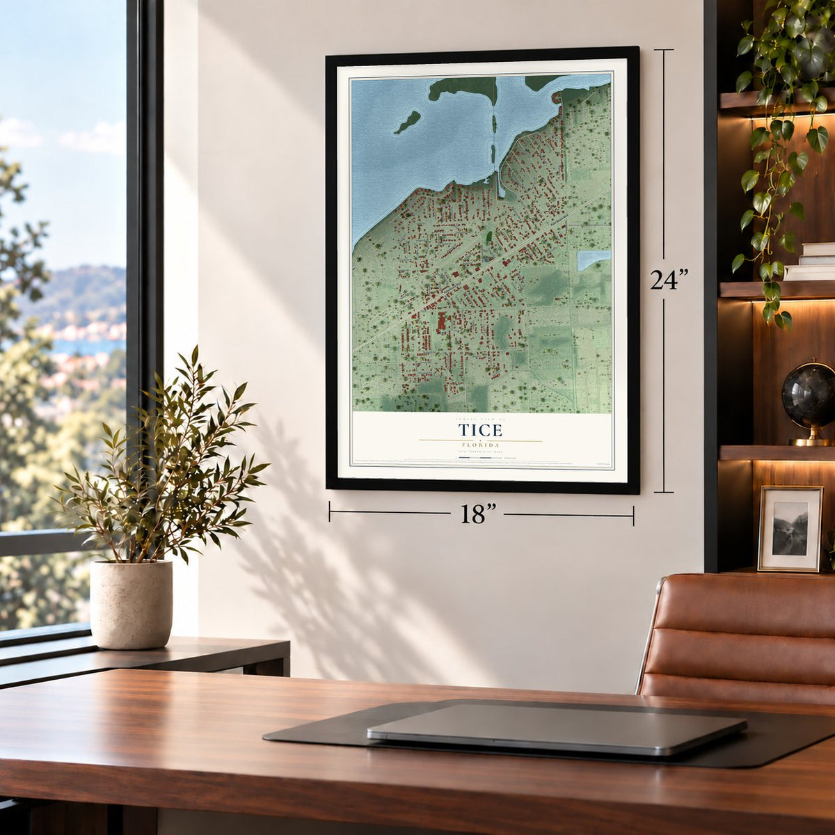 Tice, Florida map, 18 x 24 inch print in a black frame in a home office
