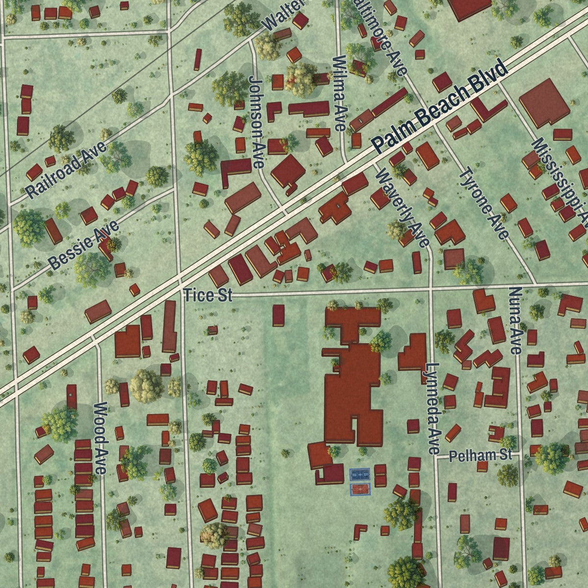 Close-up of the map of Tice, Florida print showing street and building detail