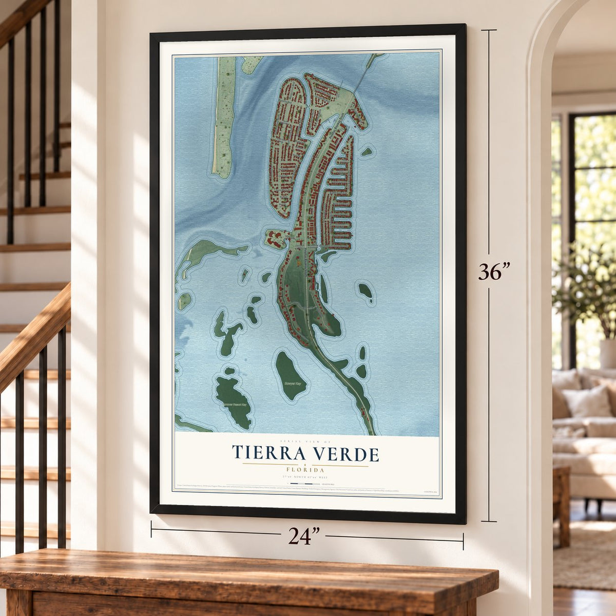 Tierra Verde, Florida map, 24 x 36 inch print in a black frame by a staircase