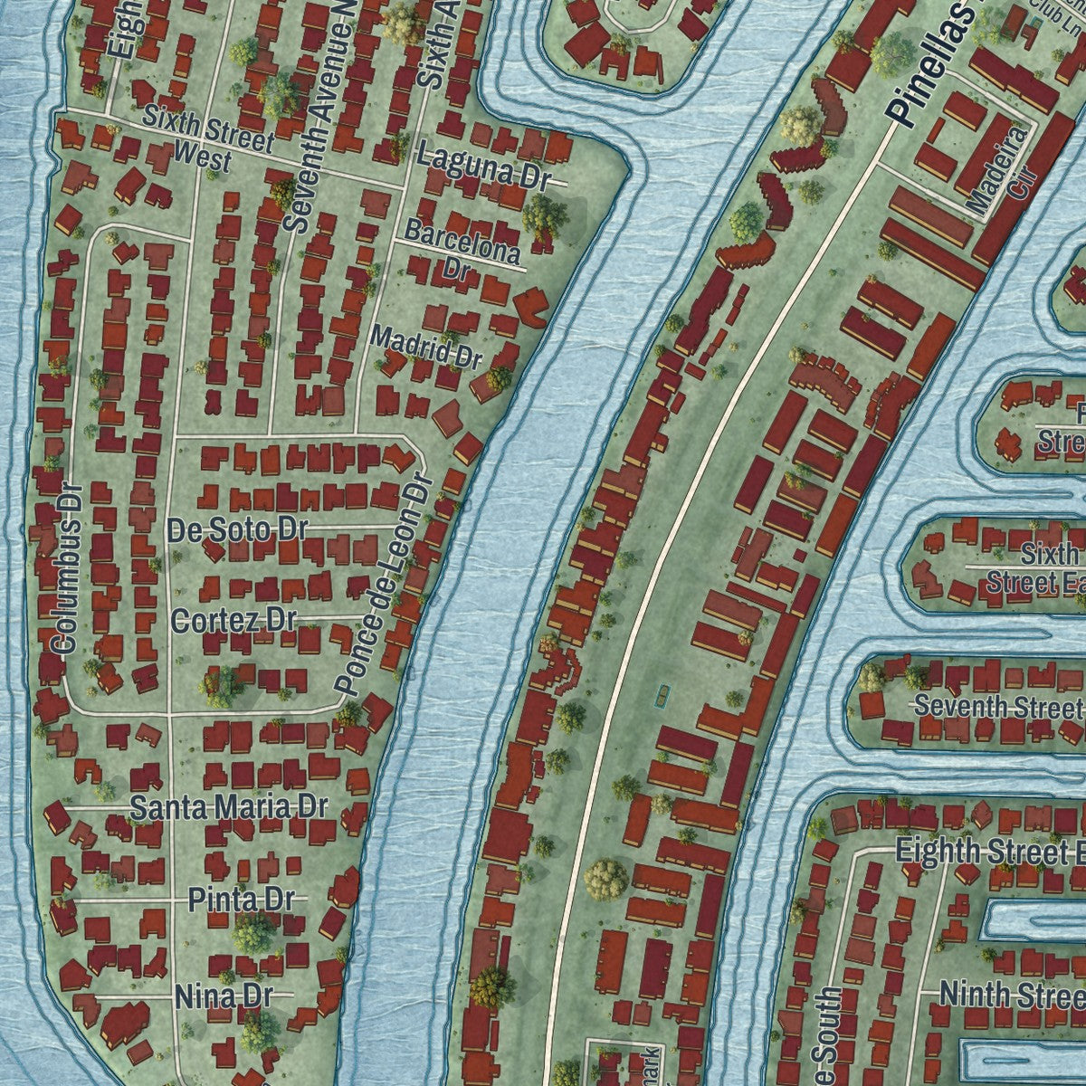 Close-up of the map of Tierra Verde, Florida print showing street and building detail